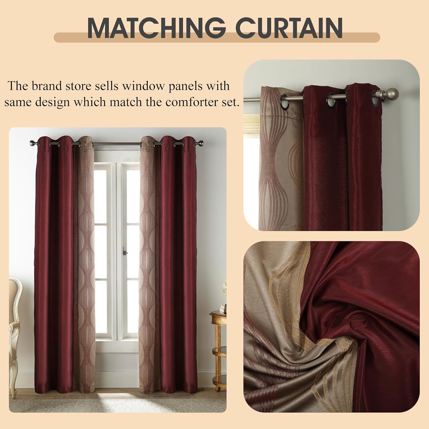 King Comforter Set, Wine Gold, 7 Pieces Bed in a Bag, Ultra Soft Jacquard with Solid Piecework, Luxury Bed Set with Comforters, Bed Skirt, Pillow Shams and Decorative Pillows - Image 9