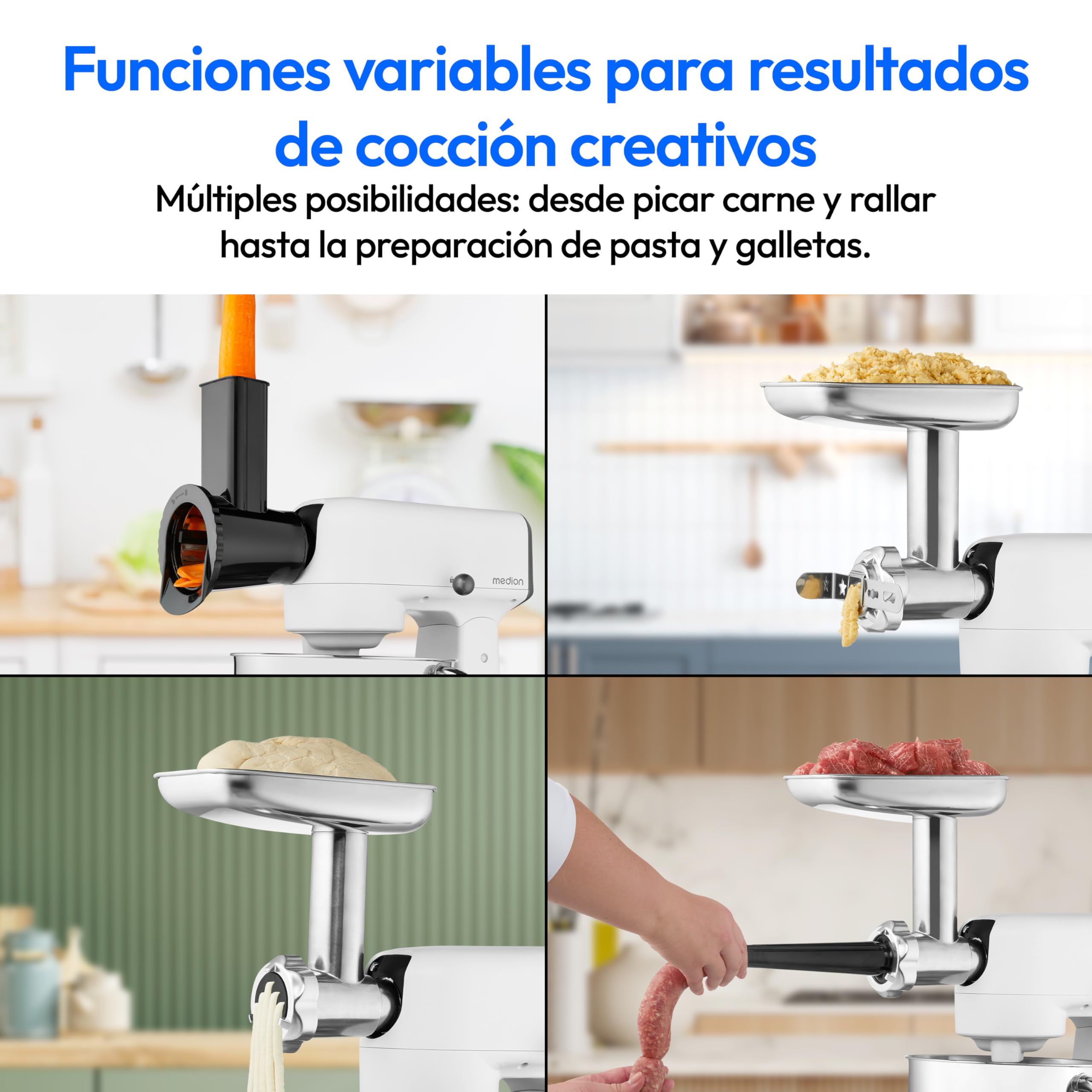 MEDION Robot de cocina con picadora (800 vatios, motor de CC, recipiente de acero inoxidable de 4,6 litros, ahorro de energía, ultrasilencioso, pantalla táctil con sensor digital, MD12600) Blanco