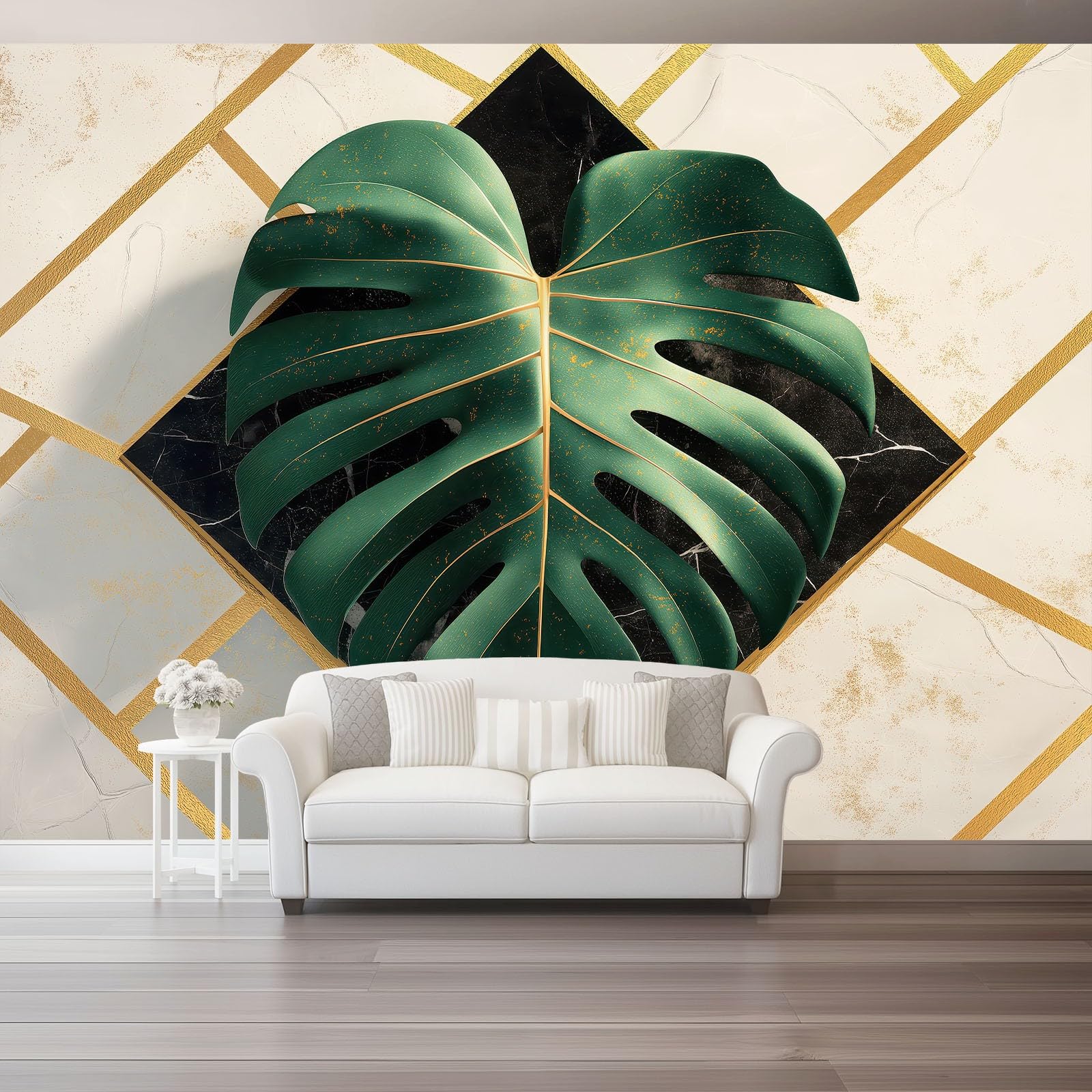 Bardzo duży mural ścienny 400 x 280 cm (szer. x wys.), zielony luksusowy styl marmur monstera, tapeta premium wymagana do przestronnego salonu
