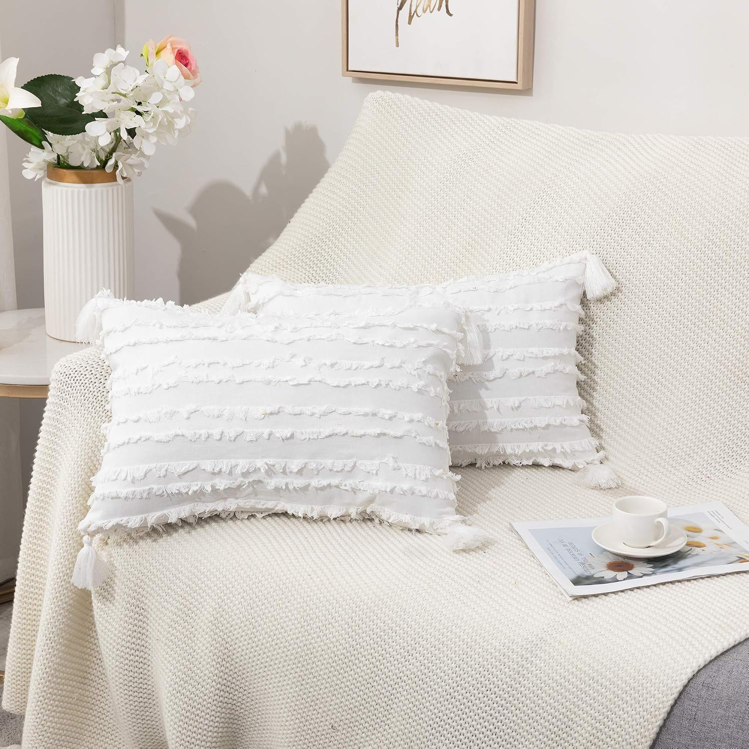 Tiaronics Set of 2 Boho Bedding Cotton Linen Throw Pillow Covers with Tassels, Decorative Throws Cushion Covers for Couch Sofa Bed Farmhouse (Ivory White, 12 * 20")