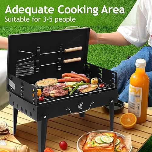 Miniatura 3 de Outvita Parrilla de carbón portátil, parrilla plegable para barbacoa al aire libre con accesorios de barbacoa y tapa para cocinar, camping, picnic,