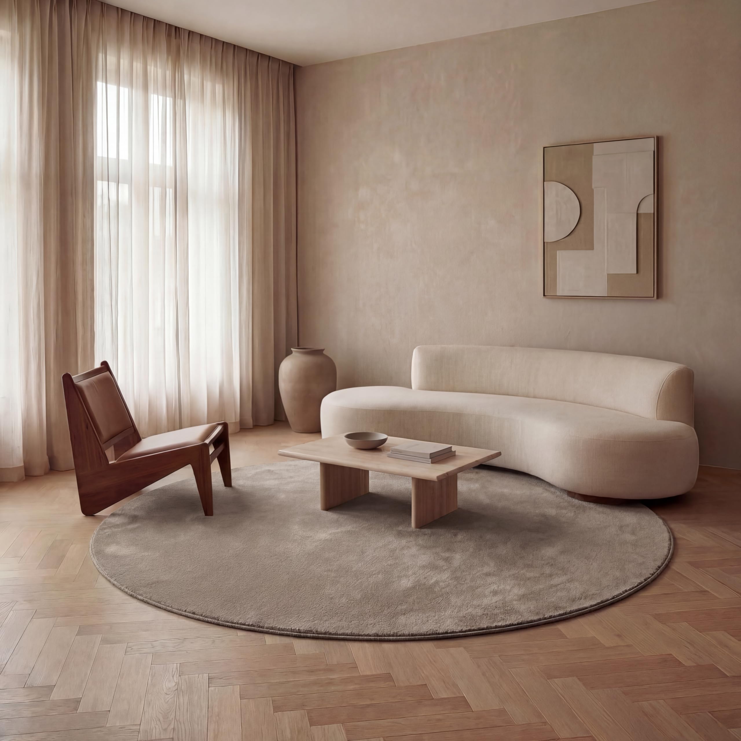 Tapis de salon uni Jimri rond beige de 160 cm pour habiller vos sols