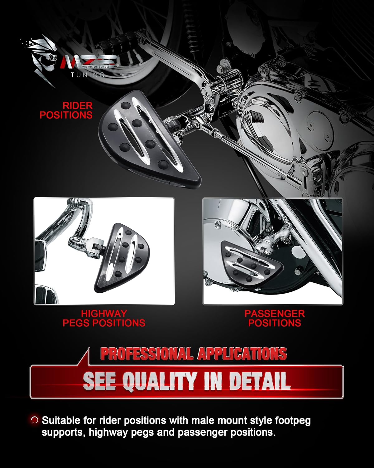 MZS Motorcycle Floorboards Set, Touring Passenger Driver Footboards Wide Front Rear Foot Pegs Board Stretched Black Compatible with Softail Street Electra Glide Road King Ultra Glide Limited Trike