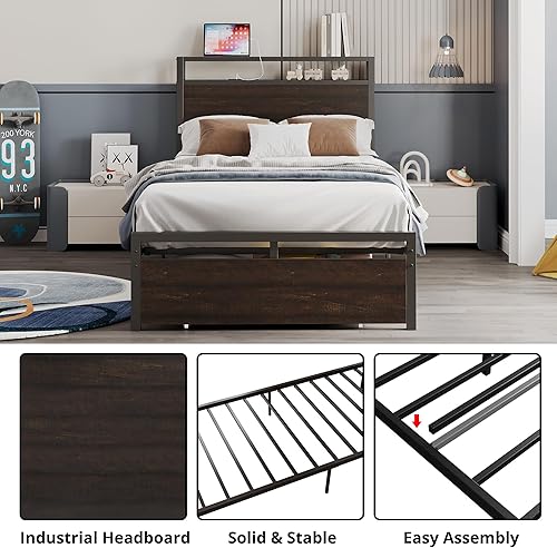 Miniatura 3 de LIKIMIO Base de cama individual con cajón, cabecera de almacenamiento con tomas, no necesita somier, fácil montaje, marrón oscuro Marrón oscuro,Gris