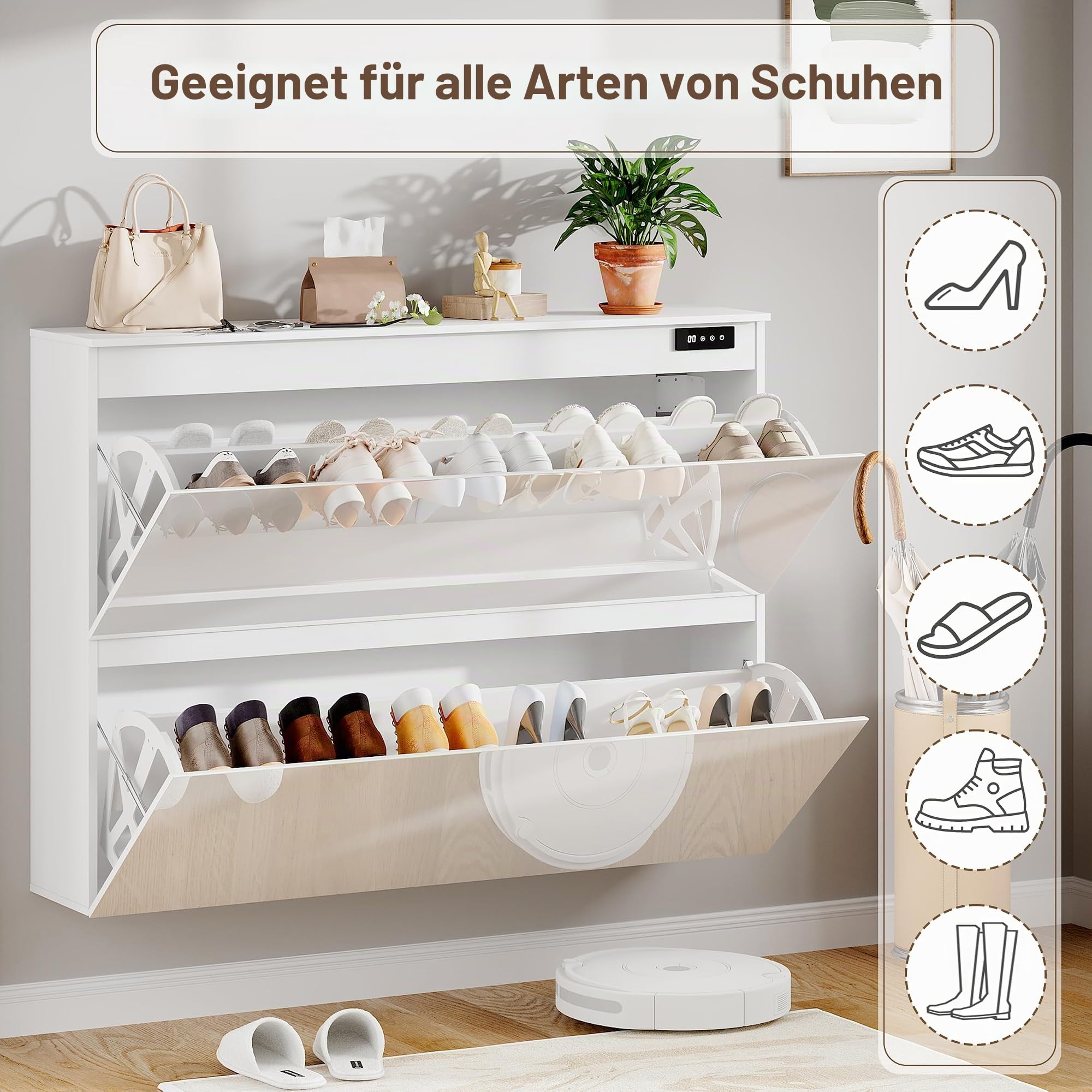 Schuhschrank mit Ozon-Desodorierung & Staubschutz, Geschlossener Antibakterieller Schrank, Wand- und Standmontage für Eingang, Einstellbare Zyklusmodi, Weiß