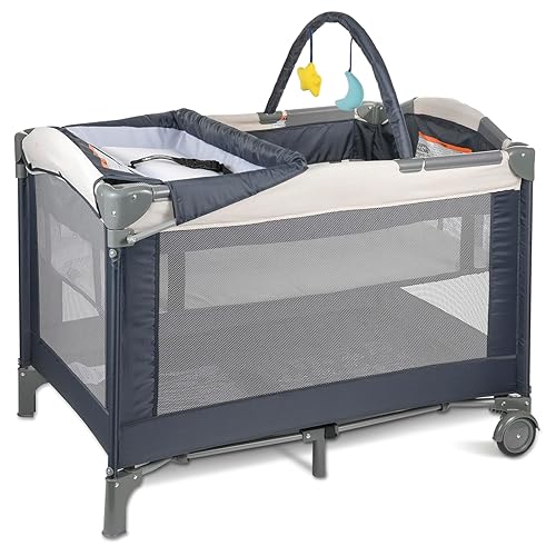 Paquete y juego 3 en 1 con moisés y cambiador Cuna de bebé portátil para viajes, corral plegable para recién nacidos y niños pequeños, 2 ruedas de