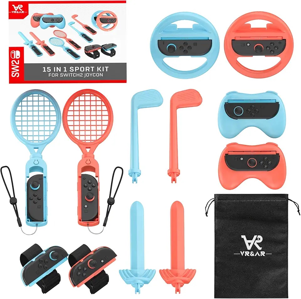 Kit de Acessórios 15 Em 1 Compatível com Nintendo Switch 2 Joy-Con, para Jogos de Esportes, Mario Kart e Jogos Cooperativos. Inclui Raquetes, Tacos de Golfe, Espadas, Volantes, Grips