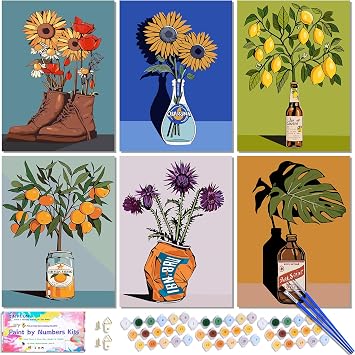 TINY FUN 6 Pack Paint by Numbes kit for Adults Beginners DIY Paint by Numbers Acrylic Paint Canvas Colorful Flowers Painting Kits Art Craft Gift for Home Decor16x20 InchWithout Frame