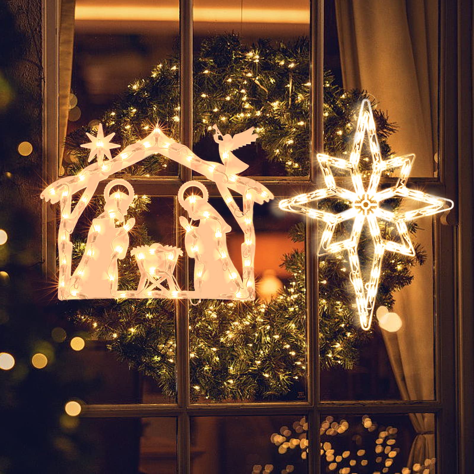 GLOWNOVA 50L19'' 2 Pack Christmas Window Silhouette Lights Decorations, Window Lighted Nativity and Bethlehem Star for Home Indoor Wall, Patio Lawn