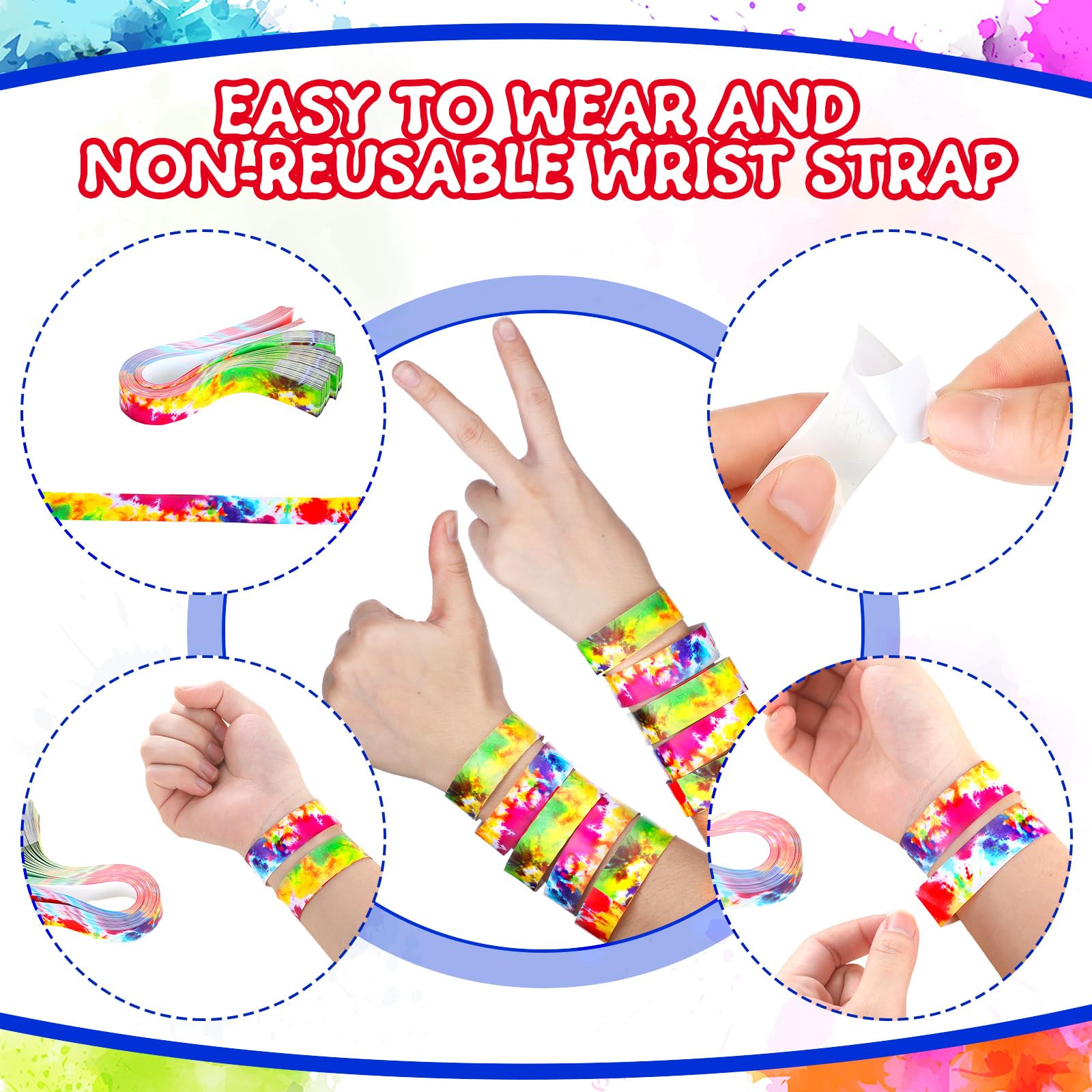 Eersida Tie-Dye Bracelet en papier arc-en-ciel étanche pour fête et événement