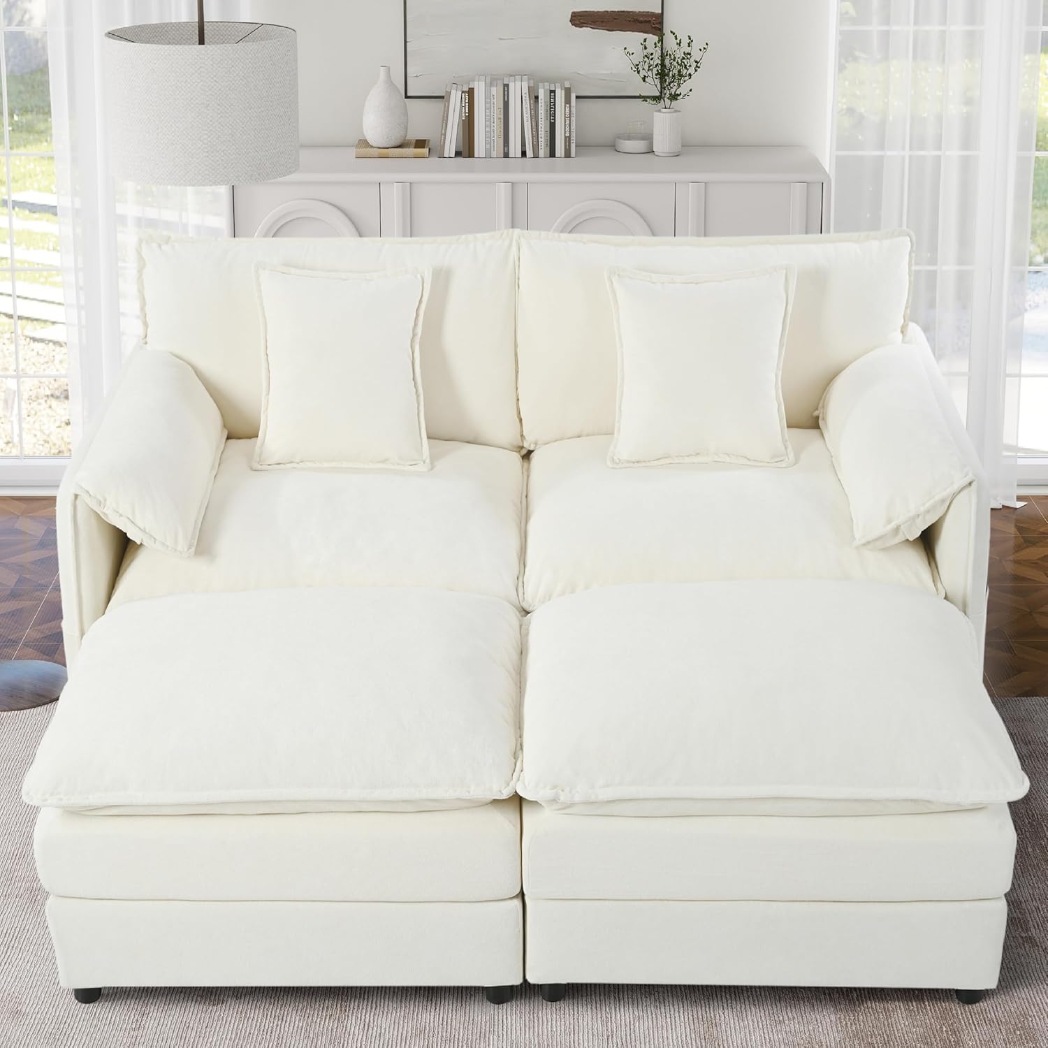 KEIKI Sleeper Sectional Sofa Bed-75 Oversized Chaise Lounge with Storage & Ottomans, Modern 4-Seater Convertible L/U Shaped Cloud Couch, Chenille Upholstered Sofas for Living Room Bedroom, Beige