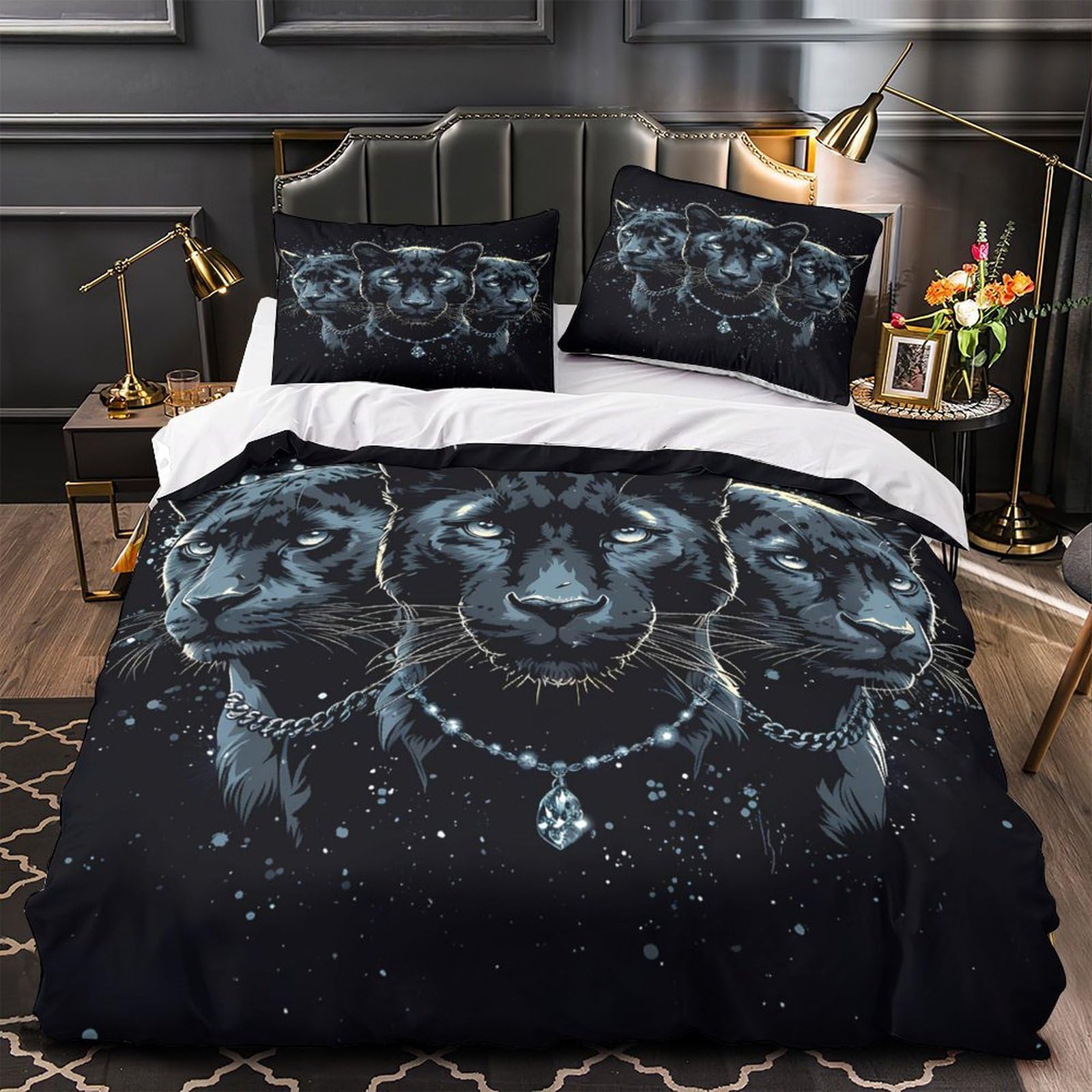 Housse de couette panthère noire 260x220 cm en microfibre avec 2 taies d'oreiller