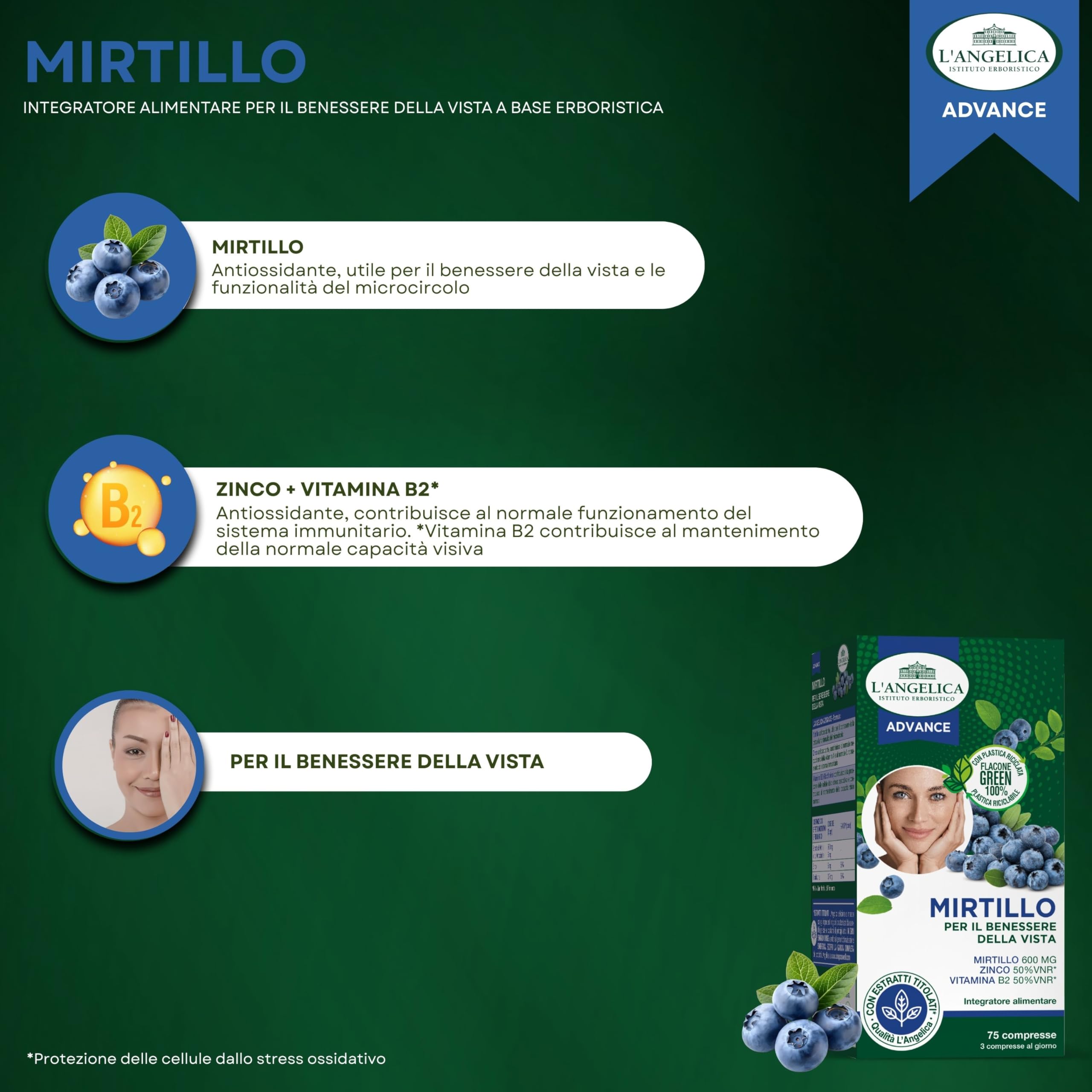 L'Angelica, Integratore al Mirtillo, Per il Benessere della Vista, Con Mirtillo, Zinco, Vitamina B2, Senza Glutine e Lattosio, Vegano, 6 Confezioni da 75 Compresse
