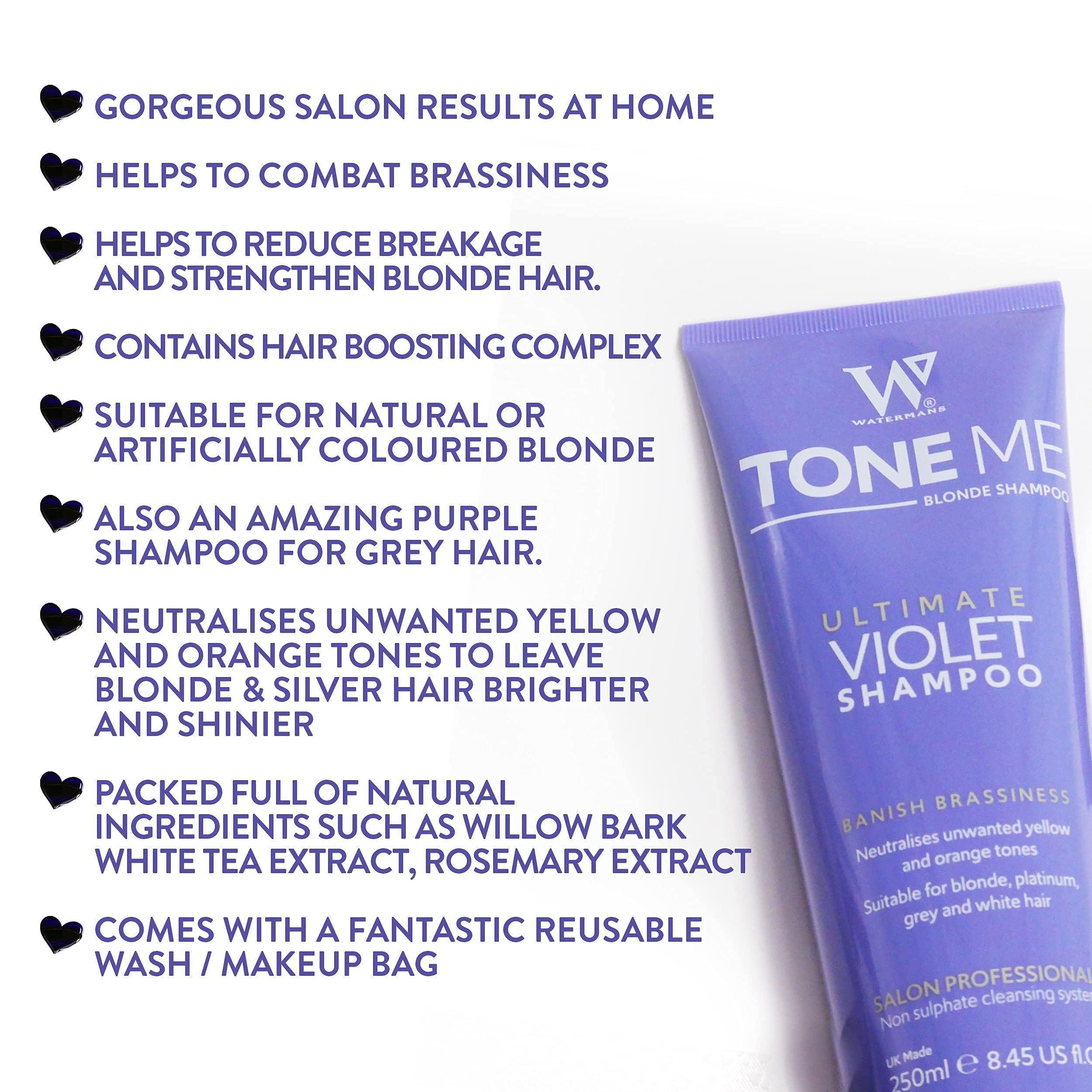 Watermans Purple Shampoo & Conditioner Set per capelli biondi, borsa per il trucco gratuita, rimuove rapidamente i toni del giallo per i capelli biondi, platino, bianchi o grigio.