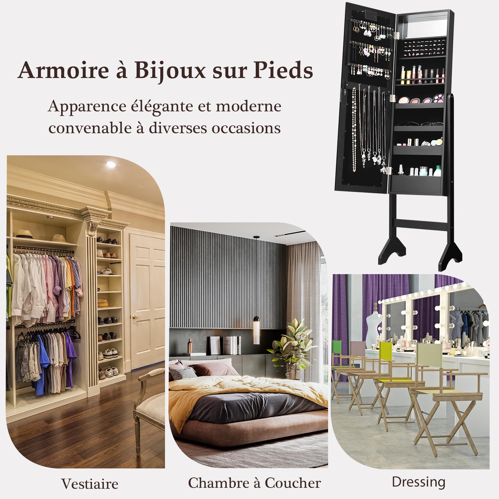 RELAX4LIFE Armoire à Bijoux sur Pieds avec Miroir et Lumière LED, Miroir Bijoux sur Pied avec 4 Couches pour Anneaux, Boucle d'oreille, Bracelet, 16 Rouge à Lèvres, Blanc/Noir (Noir)