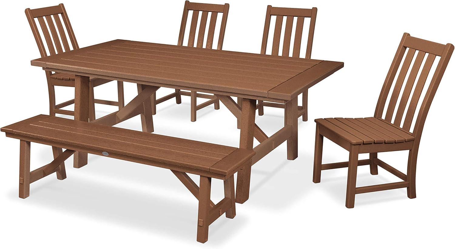 POLYWOOD Vineyard 6-Piece Outdoor Dining Set Black - HDPE Composite Patio Furniture Set with 4 Farmhouse Dining Chairs, Bench and Table - All-Season Backyard Deck Garden Furniture