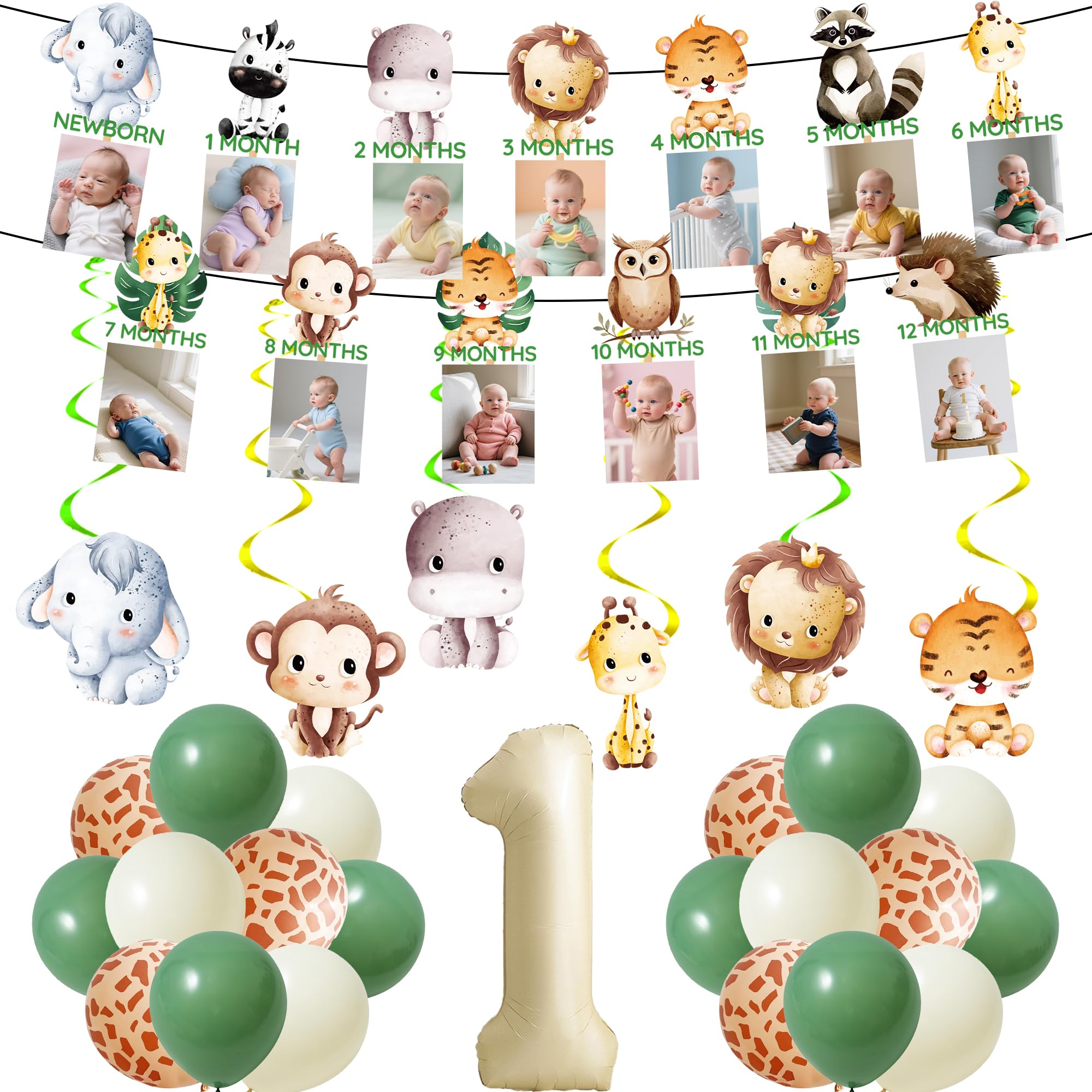 Wild One Birthday Decorations Baby - 27 Pcs Jungle Wild Party First Birthday Photo Frame Banners Hanging Swirls Foil Number Balloons for 12-Month Milestone Baby 1st Boy Safari Animal Party Supplies