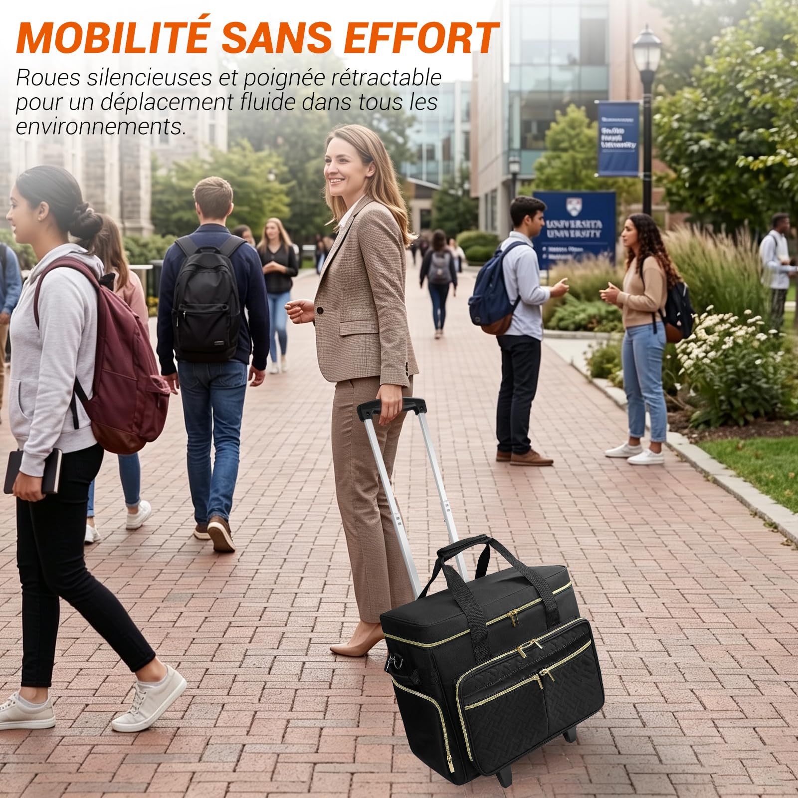 SUNDOY Sac de Travail à roulettes pour Enseignants, Noir - Pied-de-Poule | Sac à Ordinateur Portable jusqu'à 17,3 Pouces, Compartiment Extensible