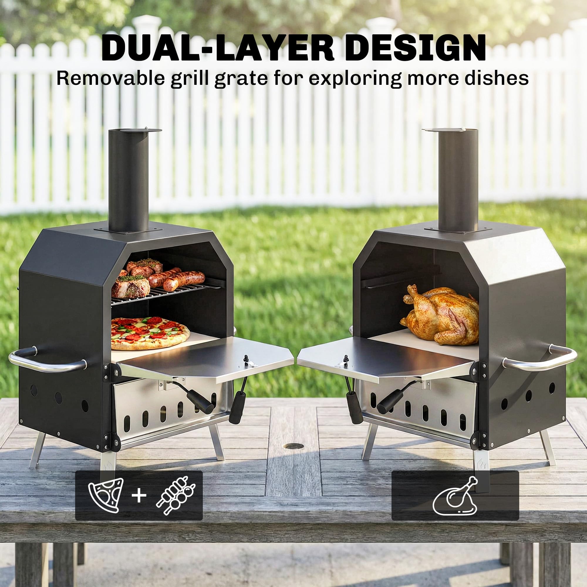 Outsunny Four à Pizza Extérieur à Bois et Charbon - Barbecue Fumoir 2 Étages avec Pierre 30 cm, Portable Pieds Pliables, Noir