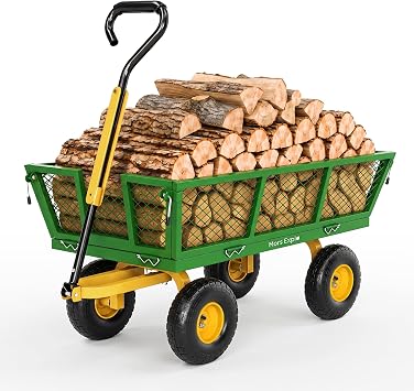 900 Lbs Heavy Duty Steel Garden Cart, Outdoor Metal Garden Wagon On Wheels, Utility Yard Cart with Mesh Removable SidesConvert to Flatbed and Removable Handle to Wheel Barrow, Green