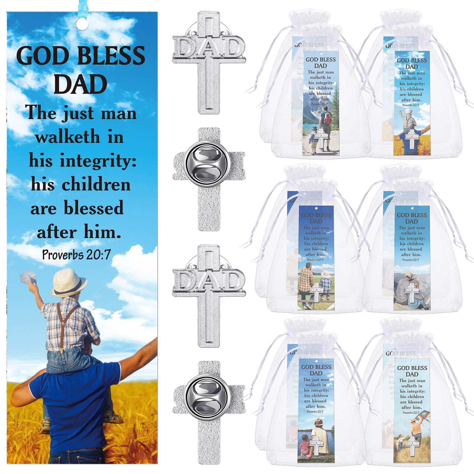 Supervitae 24 Pcs/ 12 Sets God Bless Dad Lapel Pin with Father's Day Bookmark Gift Set, Include 12 Proverbs 20: 7 Christian Bookmarks 12 Cross Dad Pin