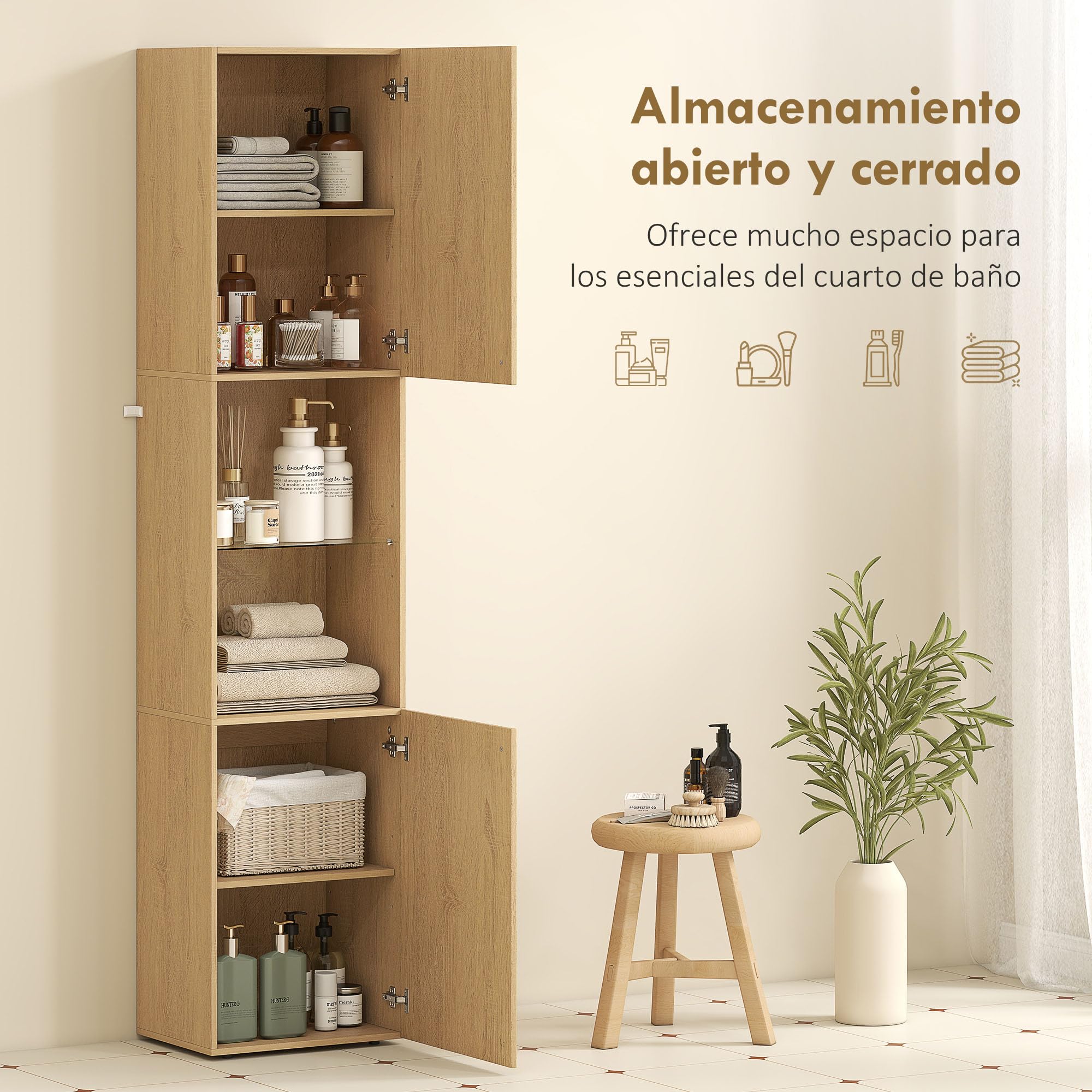 HOMCOM Armario de Baño Alto, Columna de Baño Estrecha de 6 Niveles con 2 Puertas, Estante de Vidrio Templado, Estantes Ajustables, 40x31x182 cm, Roble