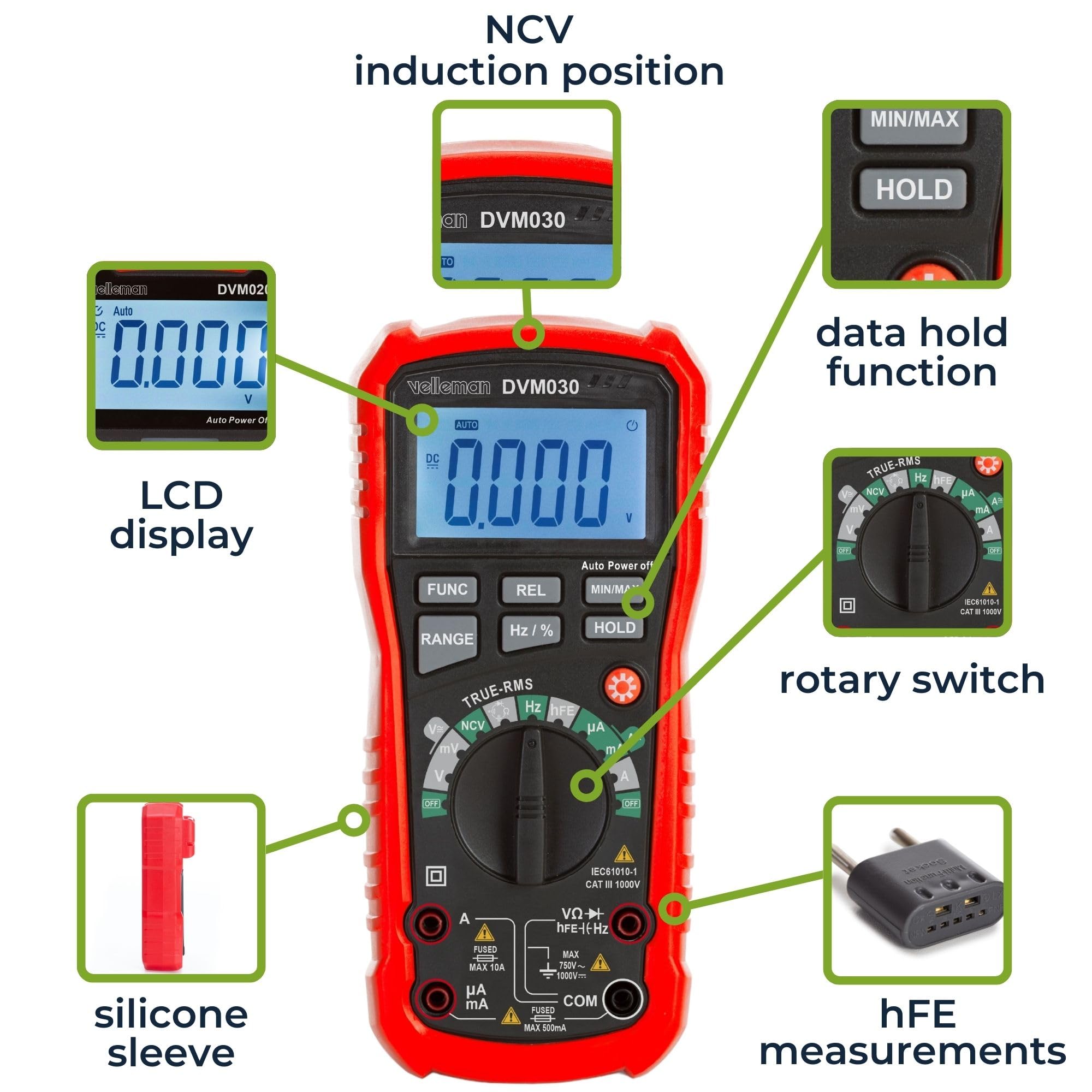 Velleman Multimetro digitale, memorizzazione dati, rilevamento tensione senza contatto, con funzione MIN/MAX/REL, adatto per misurare corrente AC/DC, tensione AC/DC, resistenza, frequenza, capacità,