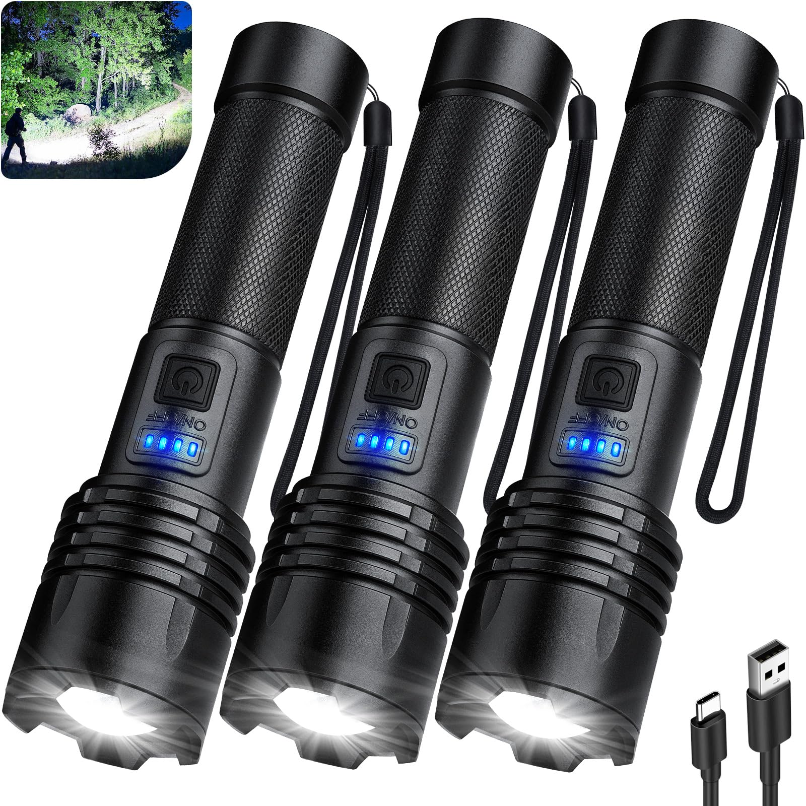 KINGCAESAR Paquete de 3 linternas recargables de 990000 lúmenes altos, luz LED súper brillante con 3 modos de luz, linterna de alta potencia con cables de carga, IPX7 impermeable para camping, al aire