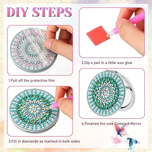 Miniatura 3 de Weysat Espejo compacto de bolsillo portátil, 10 piezas, con cubierta de pintura de diamante, kits de arte de diamantes para mujeres y niñas (mandala)