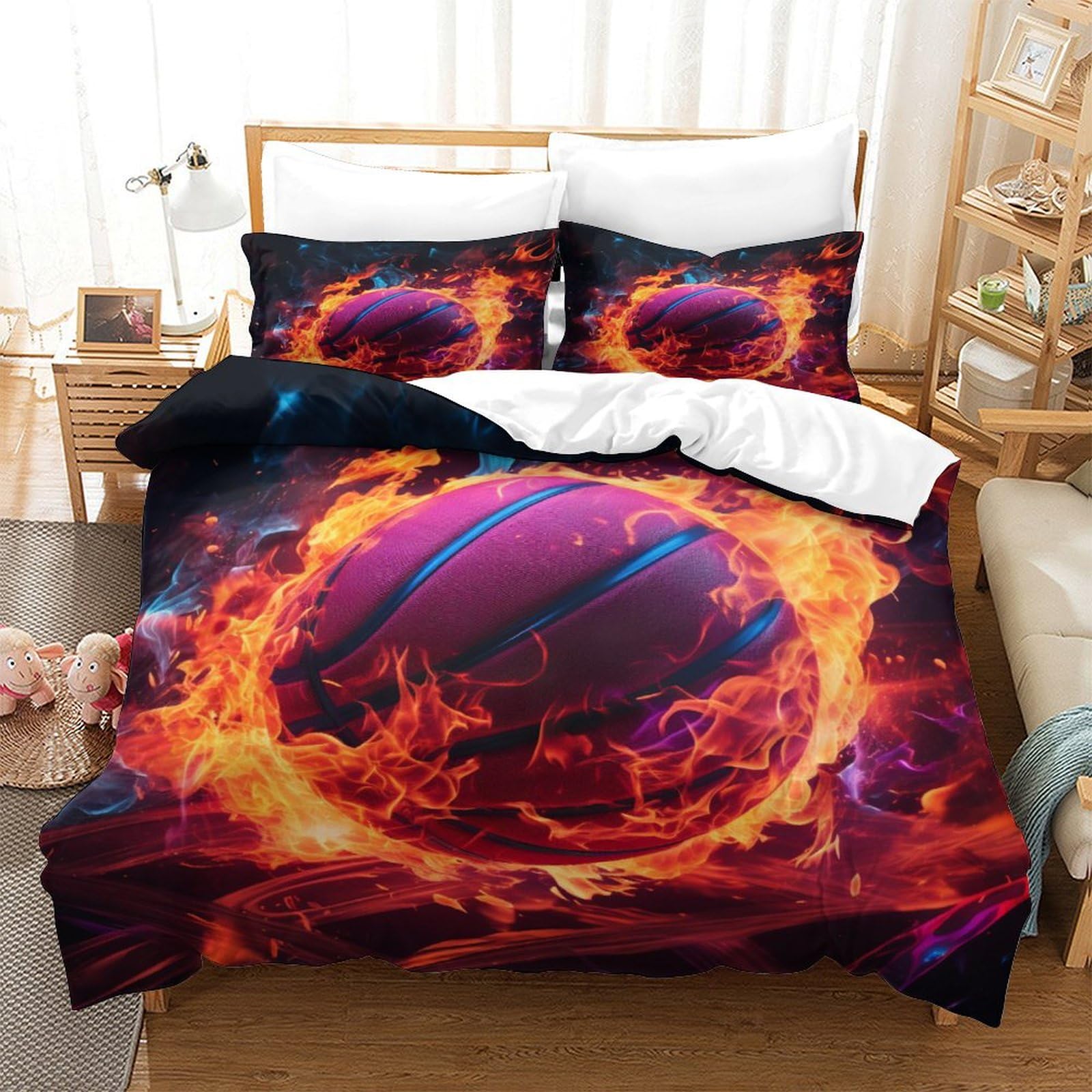 HONGBING Basketball 3D Printed Sports Duvet Cover Comforter Covers Quilt Cover for Boys Girls with Zipper Closure Bedding Set Soft Microfiber with Pillow Cases 3 Pieces Super King（260x220cm）