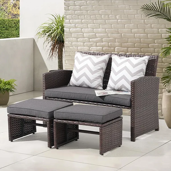 OC Orange-Casual Outdoor Loveseat 3 Piece Patio Furniture Set Outdoor Conversation Set All-Weather Wicker Love Seat with Ottoman/Side Table, Brown Rattan, Dark Grey