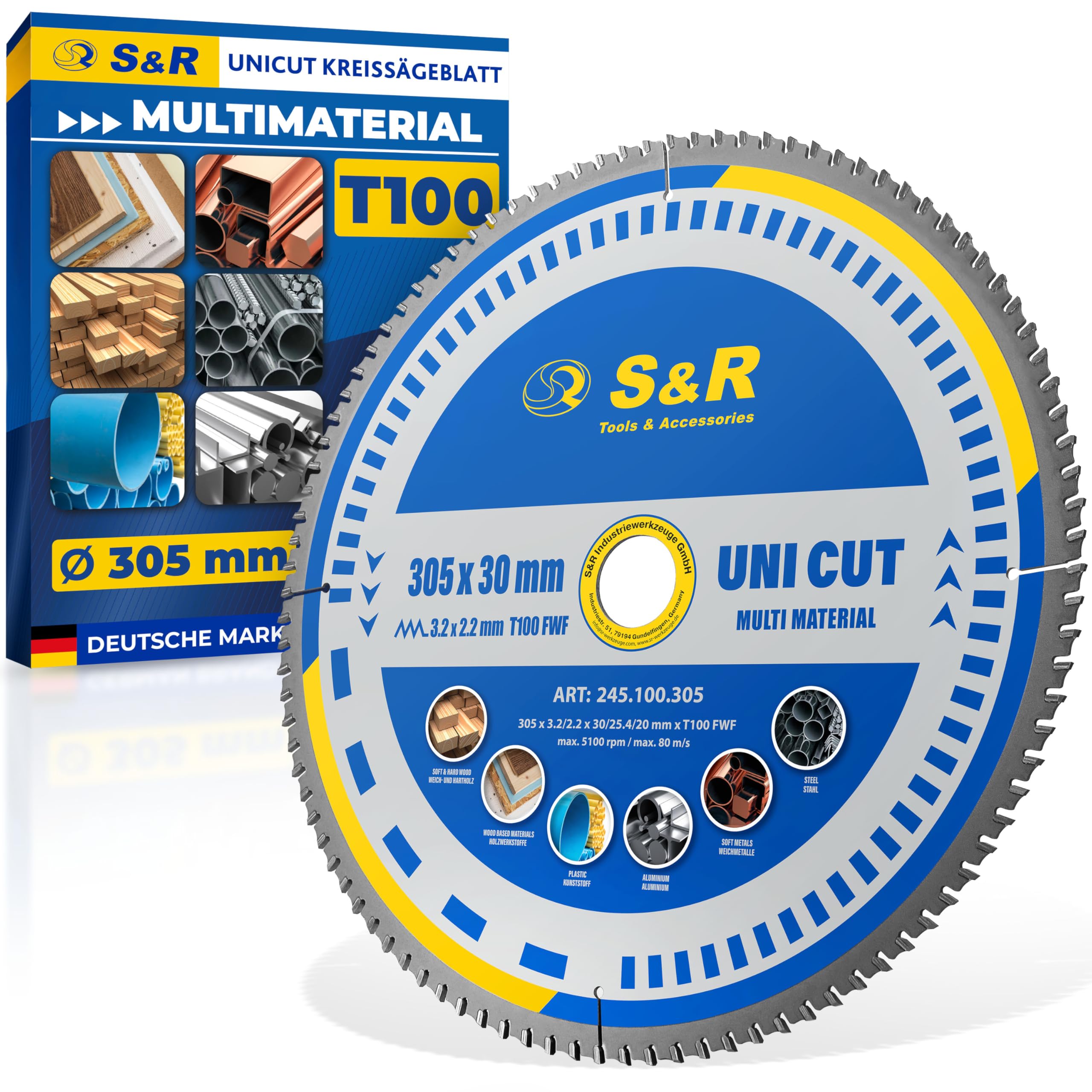 S&R Kreissägeblatt 305 x 30 mm FWF-Design, 100 Wolframkarbid HW Zähne, Universal Multicut Sägeblatt für Holz, 4 mm Baustahl, NE-Metalle, Kunststoff, Aluminium, Mehrzweck-Sägeblatt, Reduzierringe