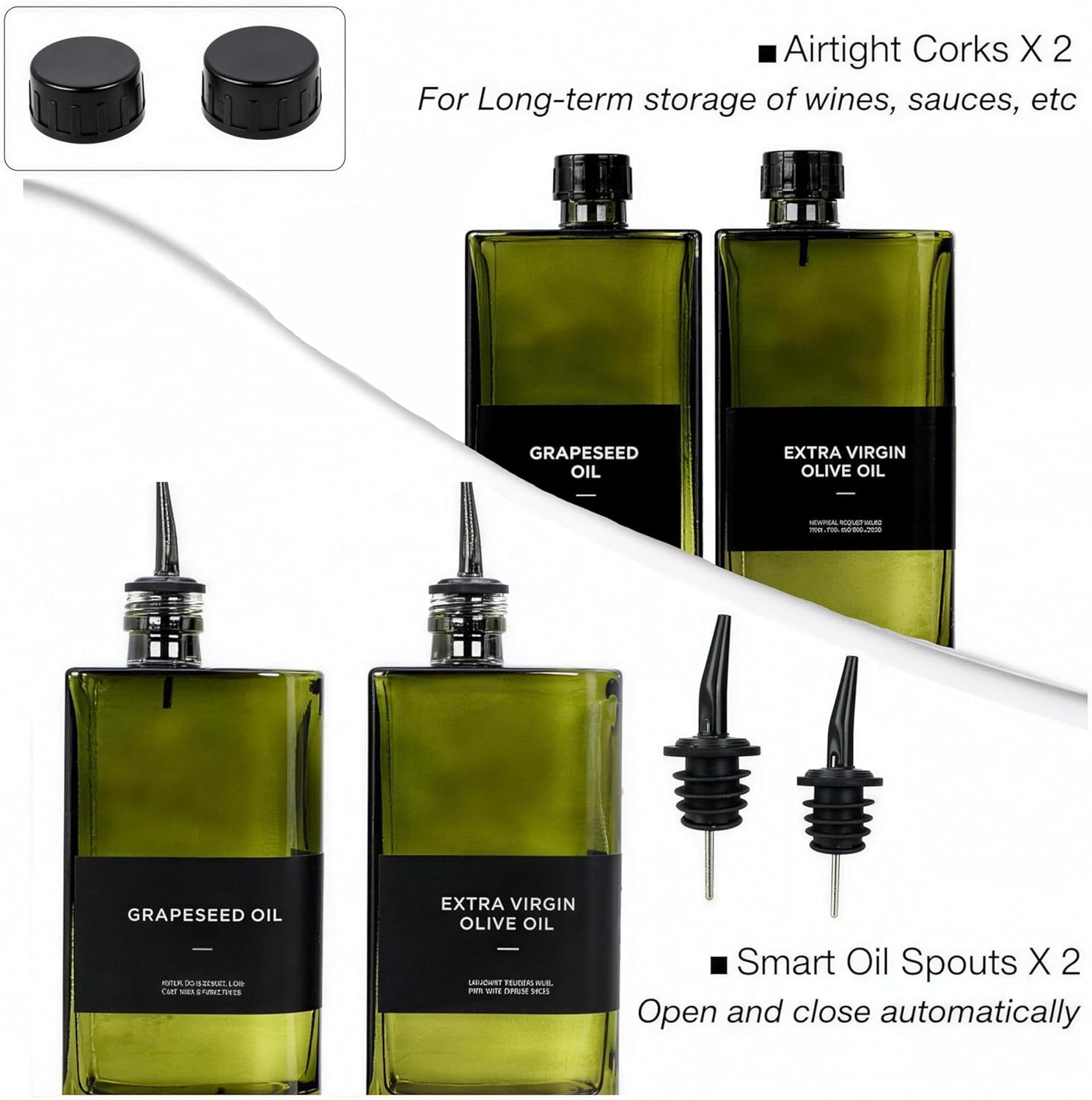 2-in-1 Oil Dispenser & Sprayer 2-Pack, Dark Glass Olive Oil Bottle with Stainless Steel Pourer, Oil Container, Oil & Vinegar Set, Light-Blocking Kitchen Countertop Accessory (Green)