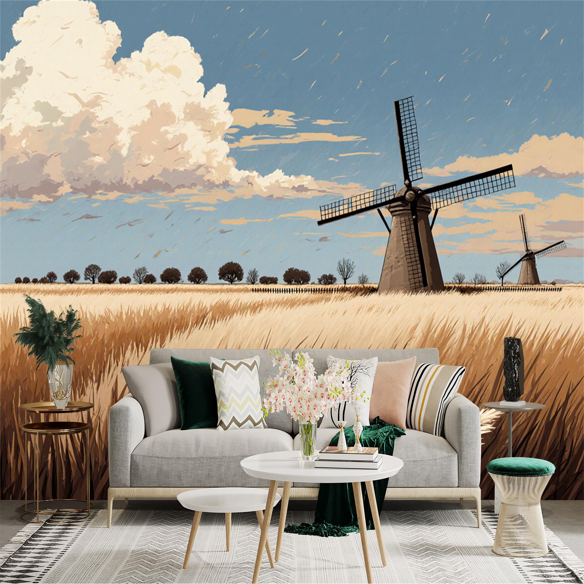 Lnzczhyre Xc260505554 Custom Size Wall Sticker Mural， Rural Windmill Scene， Golden Wheat Field Under Blue Cloudy Sky， Rustic Countryside Landscape， For Wall Decoration， Peelandstick Wall Decals.