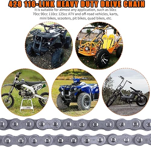 Vista 21 de Cadena de motocicleta 428H + disyuntor de cadena, cadena de transmisión resistente de 118 eslabones