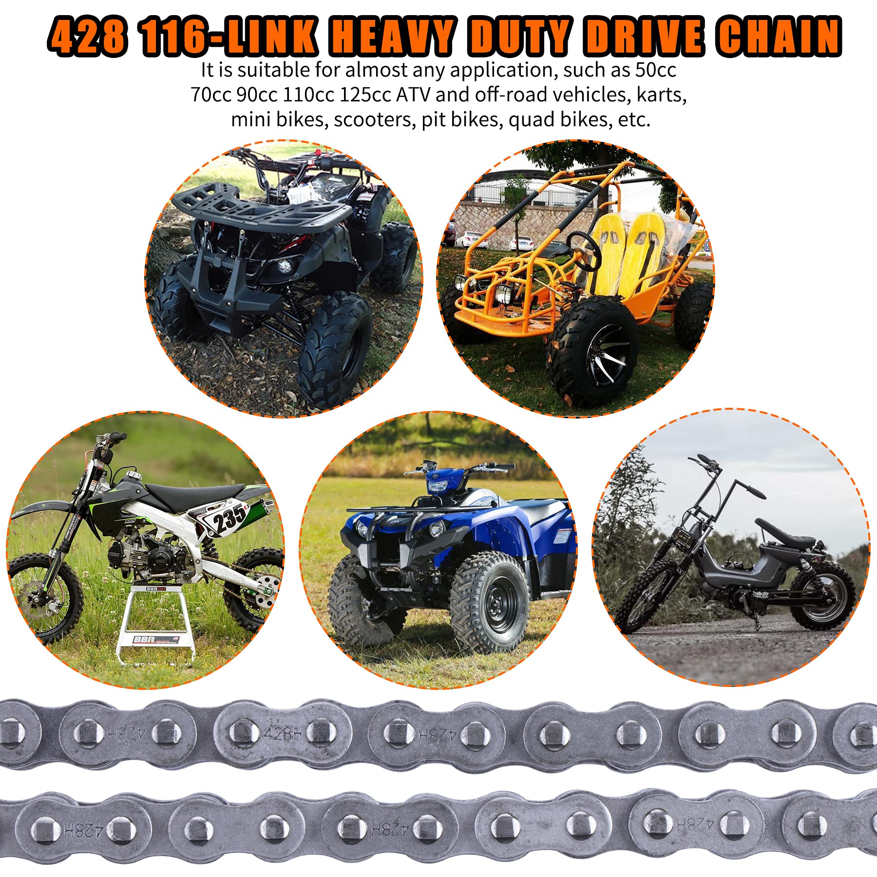 Catena per moto 428H + interruttore catena, catena di trasmissione resistente a 116 maglie