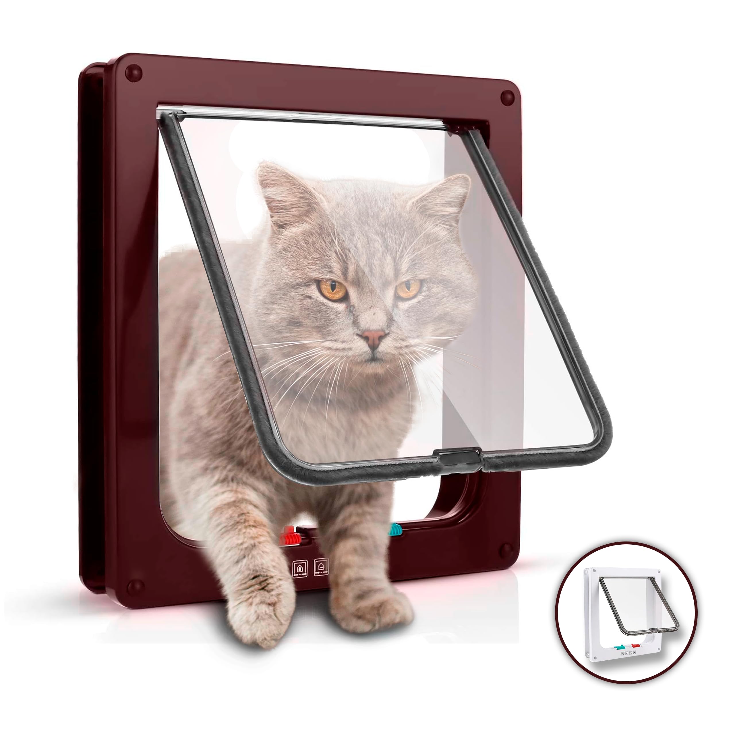 PEVLA Puerta para Gato y Perro con Cierre Magnético de 4 Vías – Gatera – Puerta Gatera – Puerta para Gatos y Perros – Gatera para Gatos - Puerta para Mascotas Pequeñas y Grandes (25*23.5*5.5-Marron)