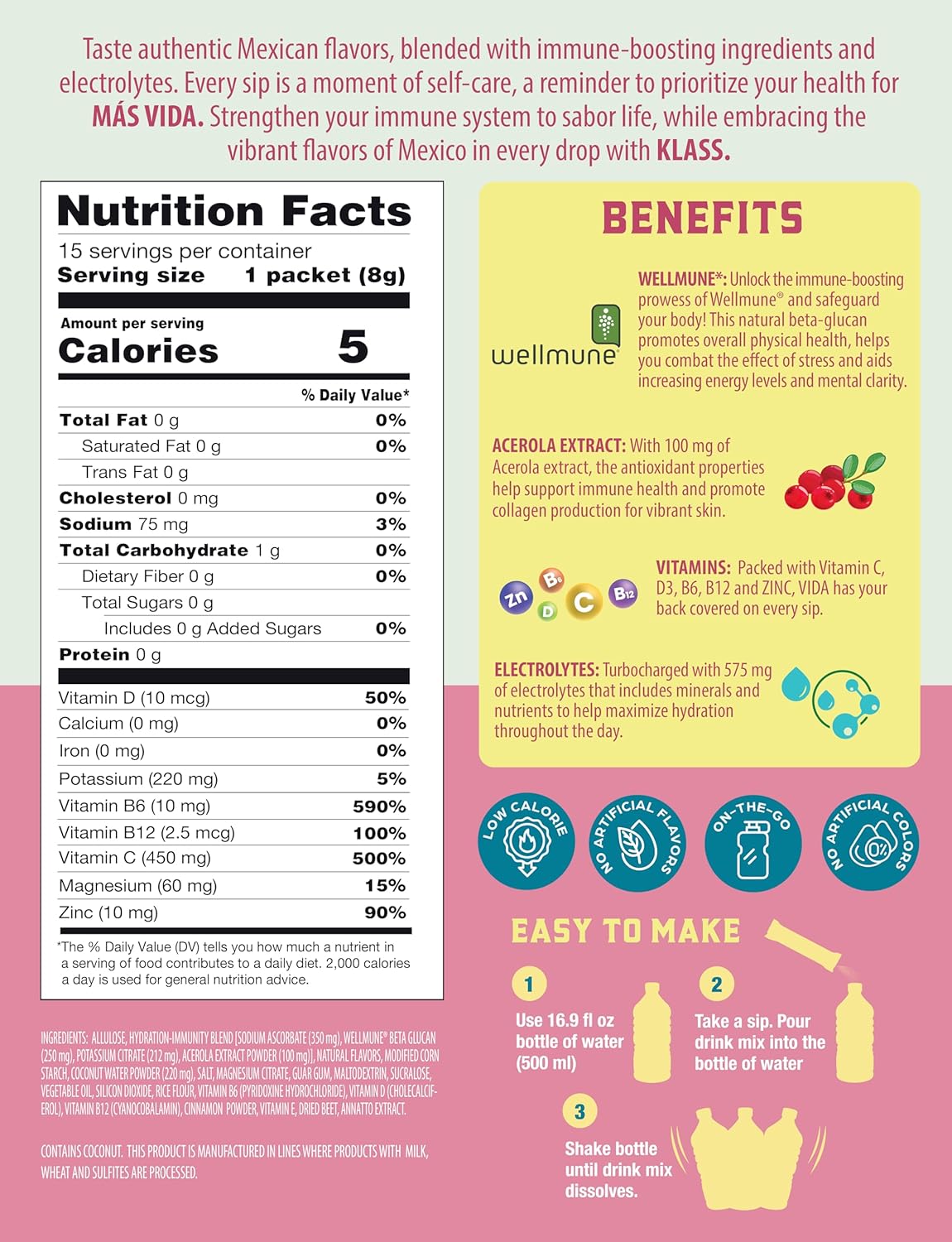 KLASS VIDA Hydration + Immunity Electrolyte Drink Mix – Strawberry Horchata Agua Fresca | Sugar-Free Powder with Wellmune®, Acerola, Coconut Water & Minerals | 15 Single-Serve Stick Packs