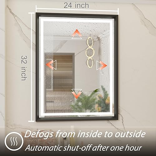 Miniatura 4 de Espejo LED de 24 x 32 pulgadas para baño, espejo de baño negro con luces, regulable, antivaho, montado en la pared, 3000 K4500 K6000 K
