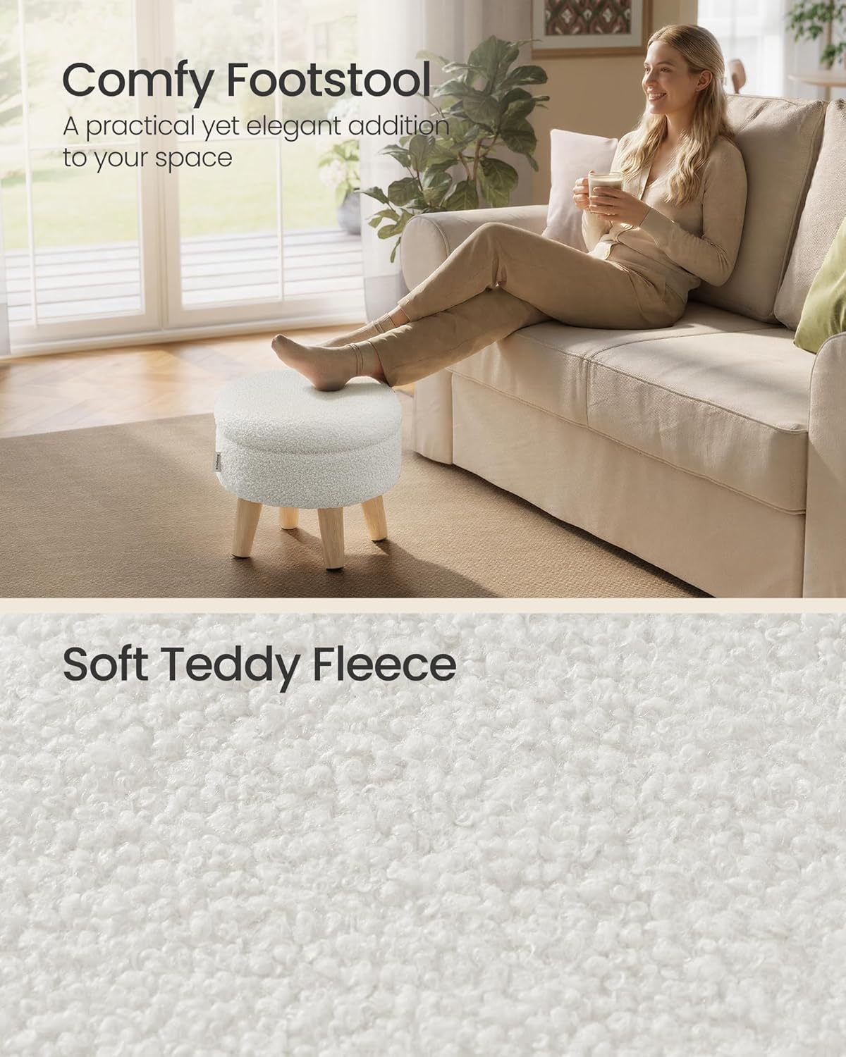SONGMICS Storage Ottoman, Foot Stool, Round Ottoman with Padded Seat, Foot Rest with Wood Legs, Small Table, for Hallway, Living Room, 12.2 Inches, Teddy Fleece, White ULOM515WD01