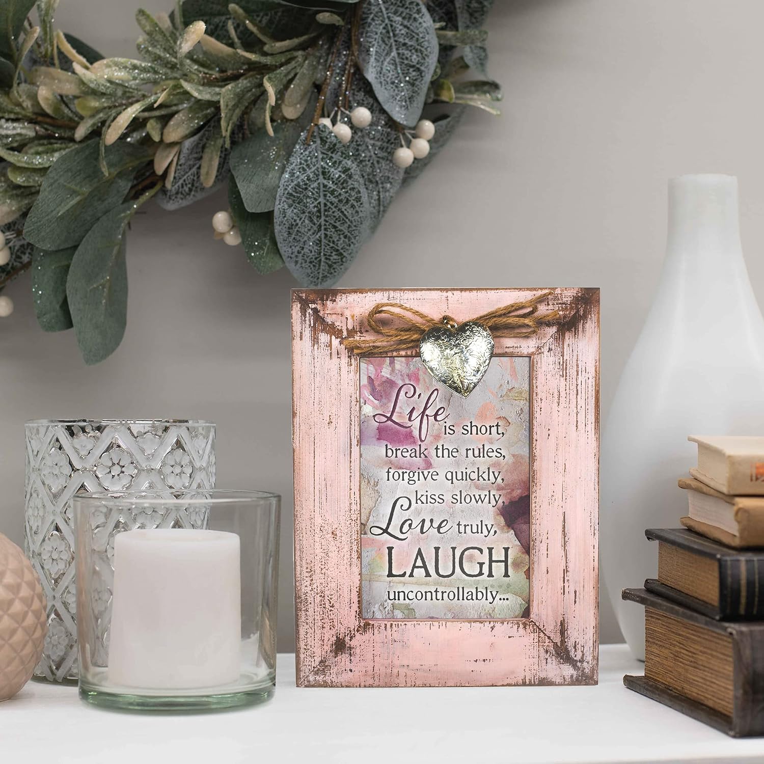 Cottage Garden Forgive Quickly Kiss Love Laugh Blush Pink Distressed Locket Easel Back Picture Frame