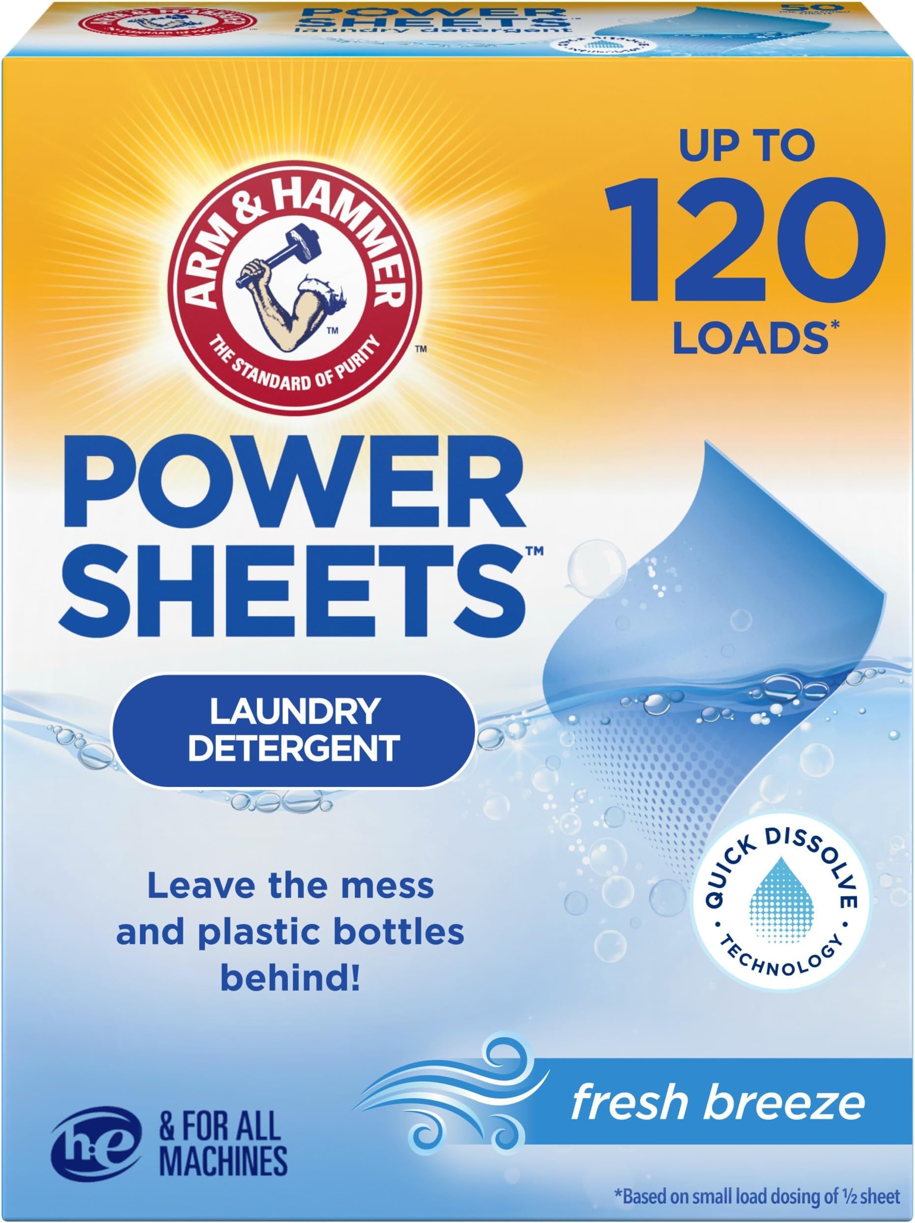 ARM &amp; HAMMER Power Sheets Laundry Detergent, Fresh Breeze Scent, Dissolves in All Wash Temps, Lightweight and Travel-Ready, 60ct, Up to 120 Small Loads (Pack of 6)