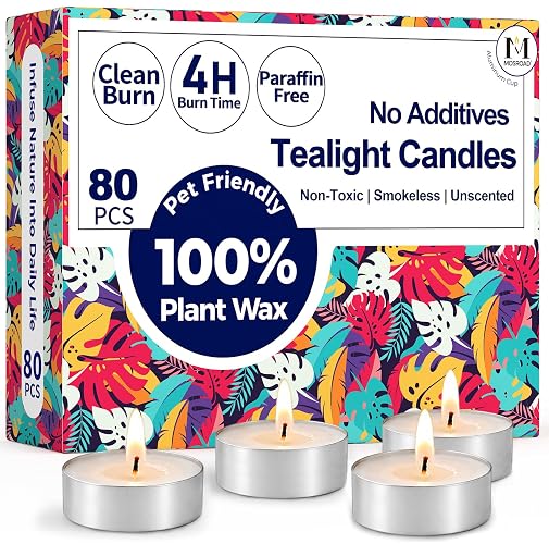 MOSROAD Tea Lights Candles 80 Pack, 4 Hour Palm Wax Tealights | Natural Unscented Small Votive, Clean Burn for Home Decor, Non Toxic White Tea Lights for Wax Warmer, Wedding, Emergency