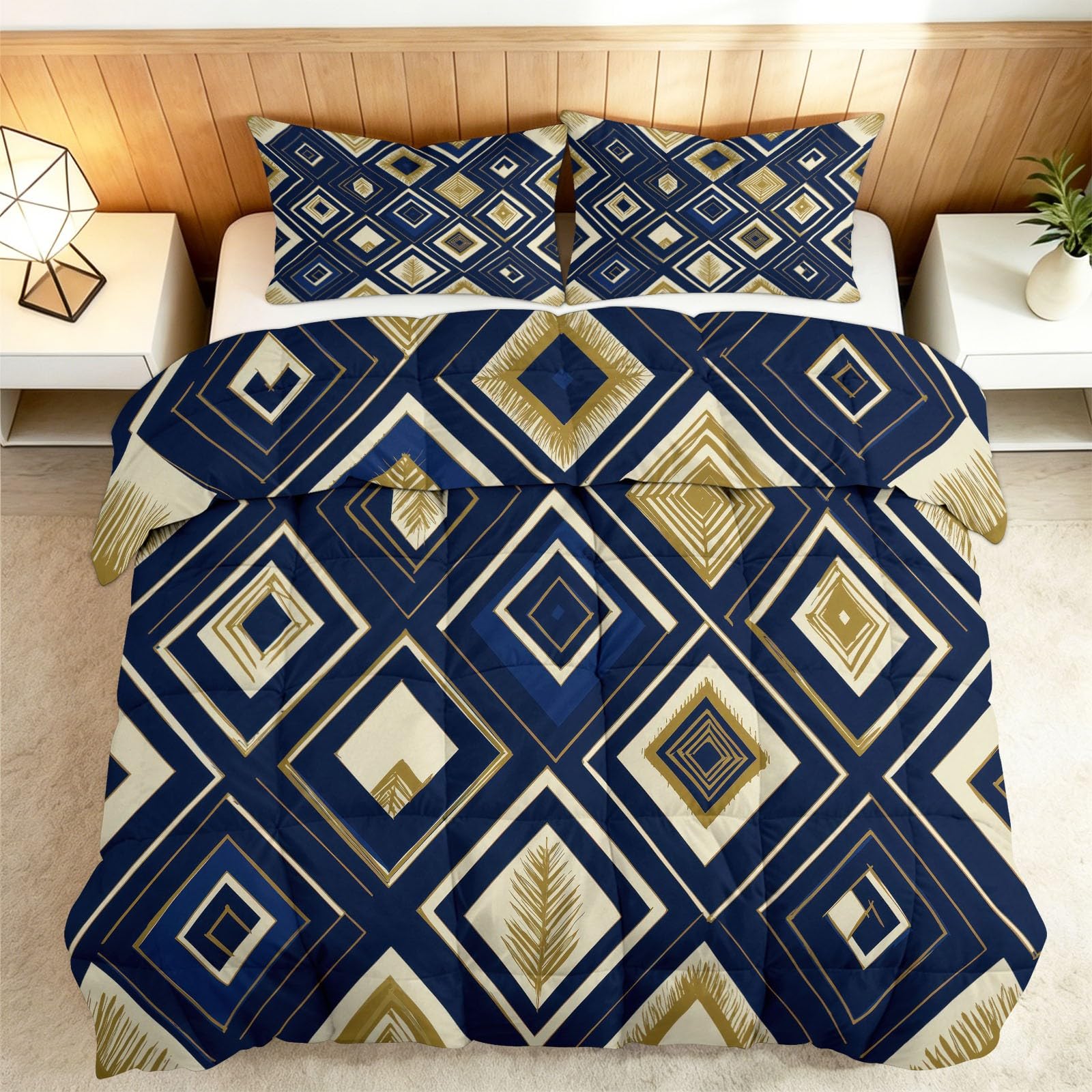 Couette Couvre-Lit Bleu Marine 220x240 Courtepointe Réversible Losanges