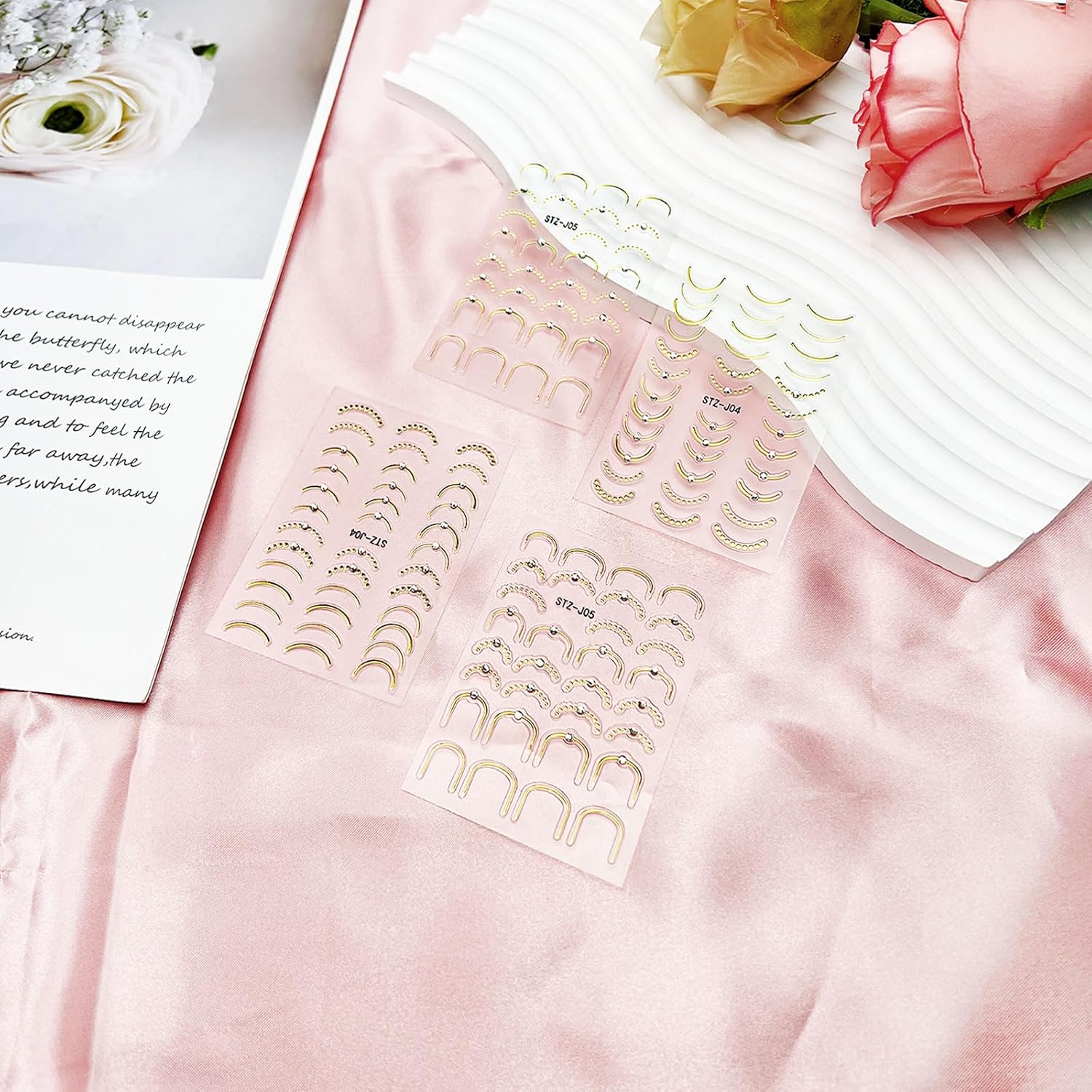 5D Embossed French Line Nail Art Stickers with Rhinestones – 4 Sheets Gold French Tip & Wave Curve Adhesive Decals for Y2K Manicure Designs