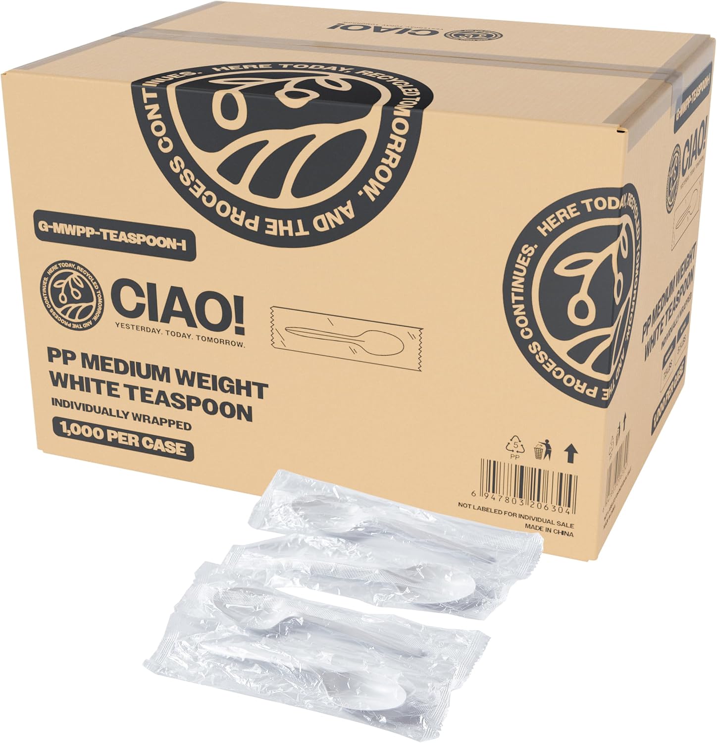 CIAO! Medium Weight Disposable White Teaspoon Polypropylene Individually Wrapped (Case of 1,000)
