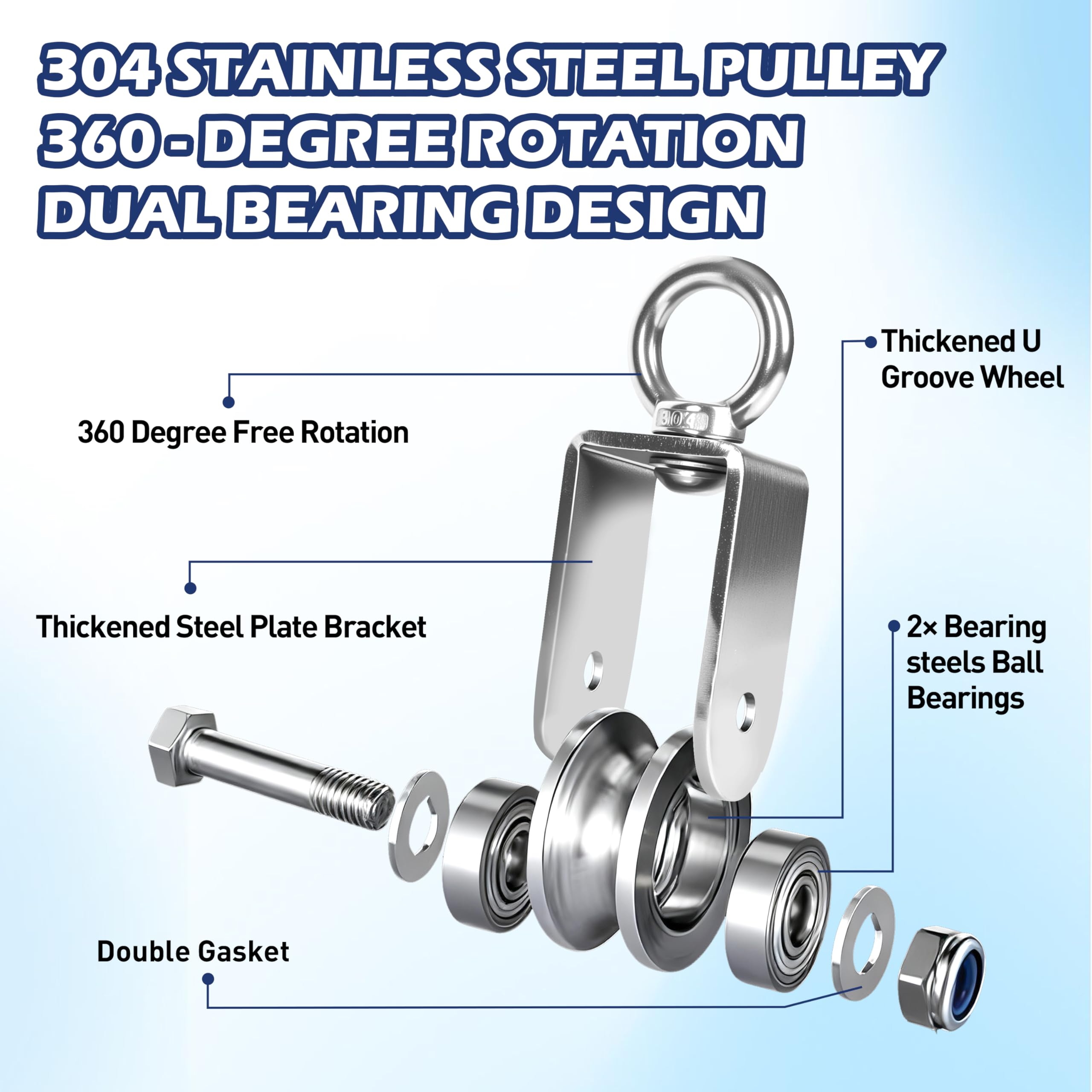 2 Pack 30mm U Groove Cable Pulley Wheel,304 Stainless Steel Swivel Pulley — Amazon image 3