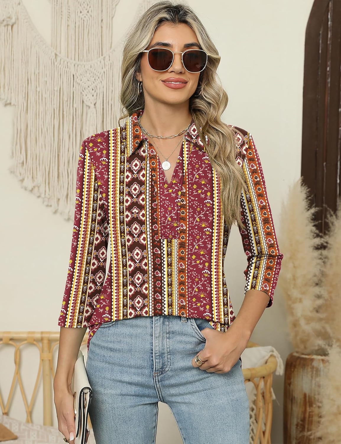 ZHENWEI Women's 3/4 Length Sleeve V-Neck Collared Tops Summer Business Casual Work Polo Shirts 2025 - Image 4