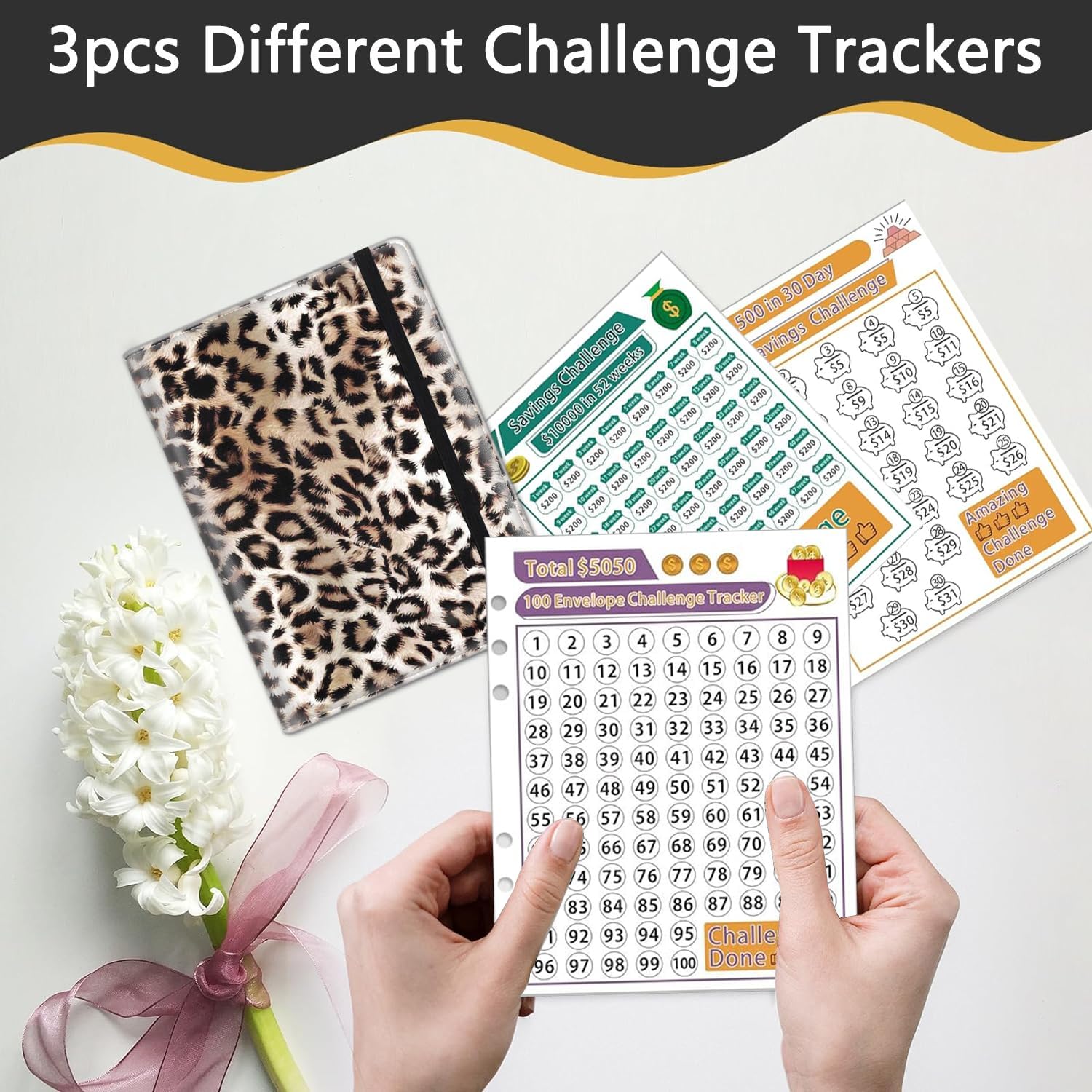 100 Envelopes Money Saving Challenge, A5 Budget Binder with Cash Envelopes & 3 Budgeting Planner Trackers to Save $5,050 Money ，Savings Challenge Book for Organizer, Leopard Cheetah Print