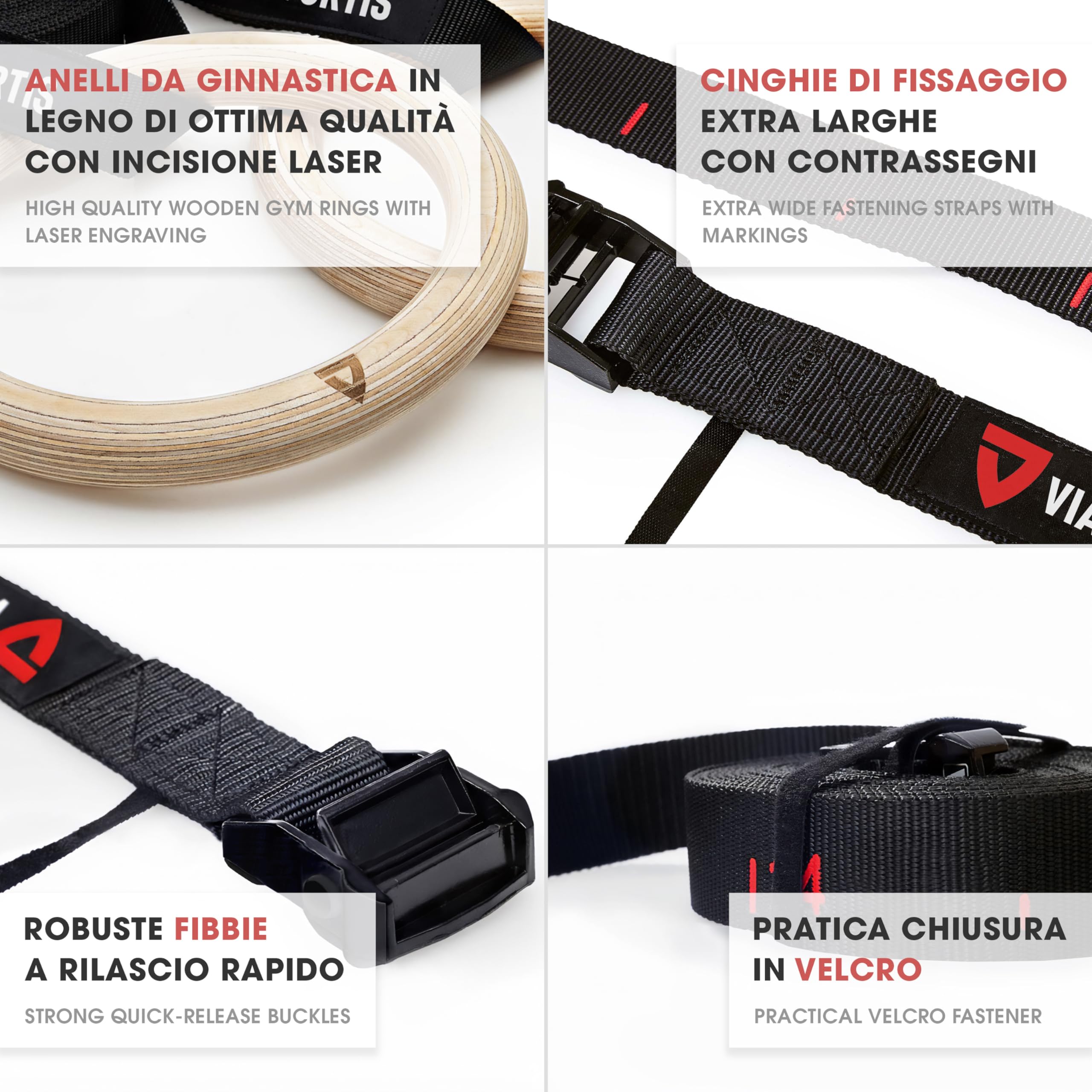 VIA FORTIS® Anelli da Ginnastica in Legno con Cinghie, Custodia e Guida agli Esercizi - Anelli da Palestra per Calisthenics e CrossFit - Versione da Competizione - Cinghie Extra Larghe con Indicazioni